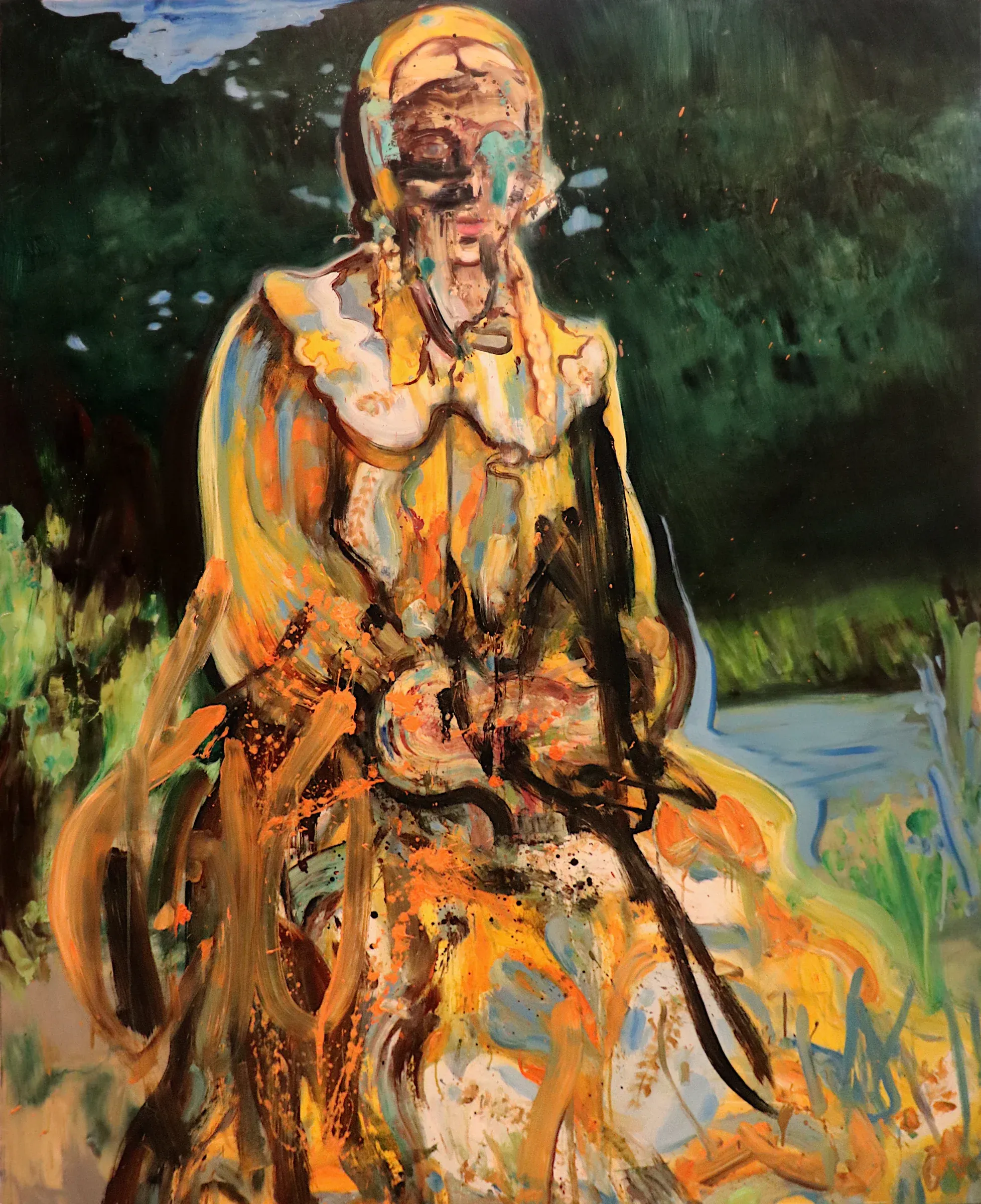 Leonardo Vargas, Aria (Meditation), oil on canvas, standing figure in a golden dress against a dark green forest, face obscured