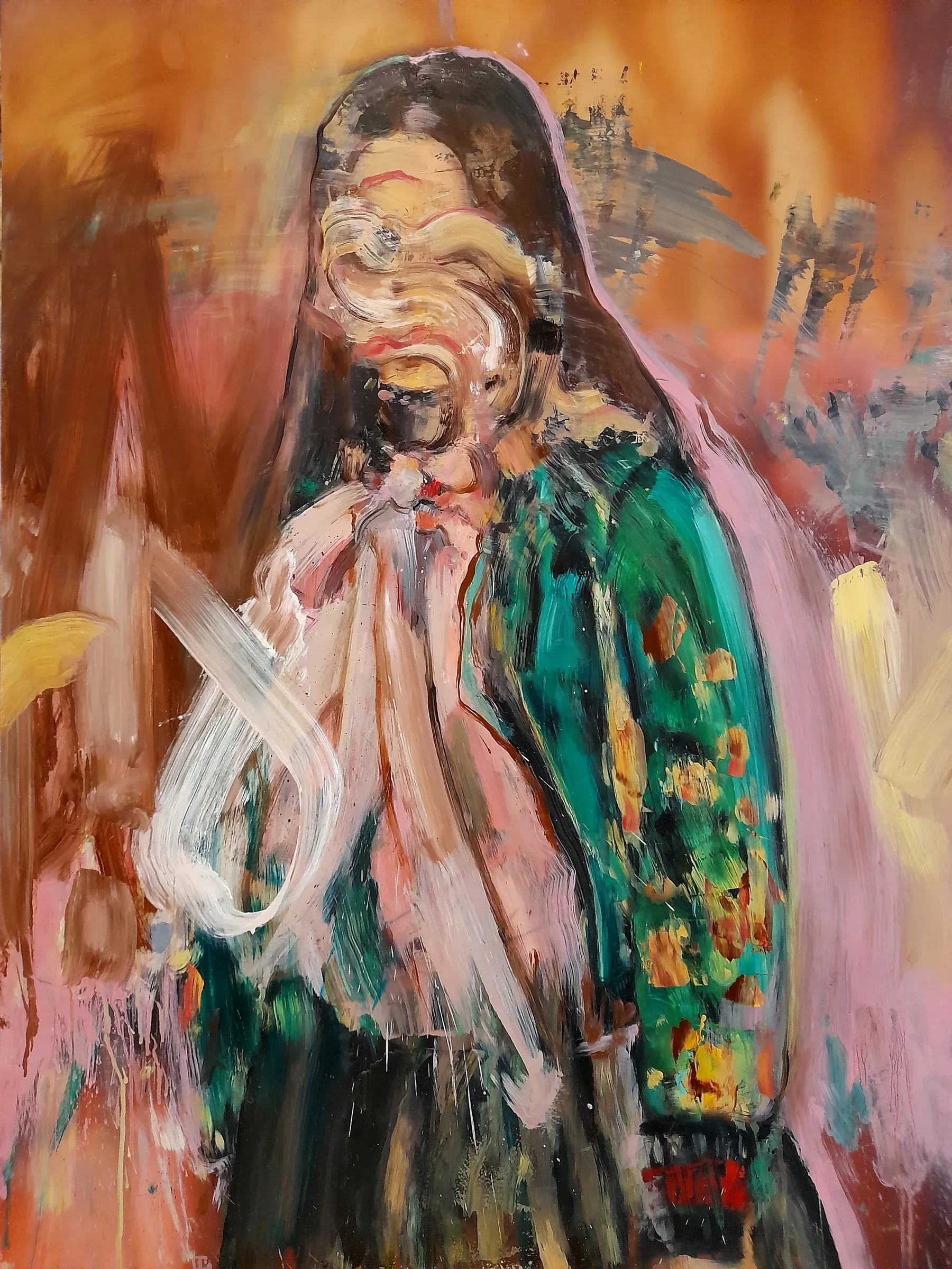 Leonardo Vargas, Aria (Windwhirl), mixed media on aluminium, figure against warm orange ground, face built from swirling brushstrokes