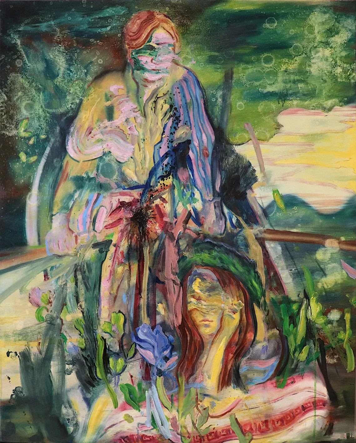 Leonardo Vargas, Couple, oil on canvas, two standing figures against a pale sky with a vase of flowers in the foreground