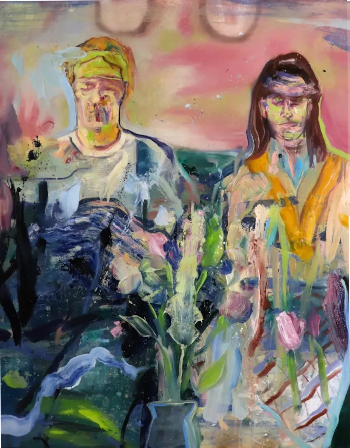 Leonardo Vargas, Couple, oil on canvas, close-up view of a face built from layered pink, white, and teal brushstrokes