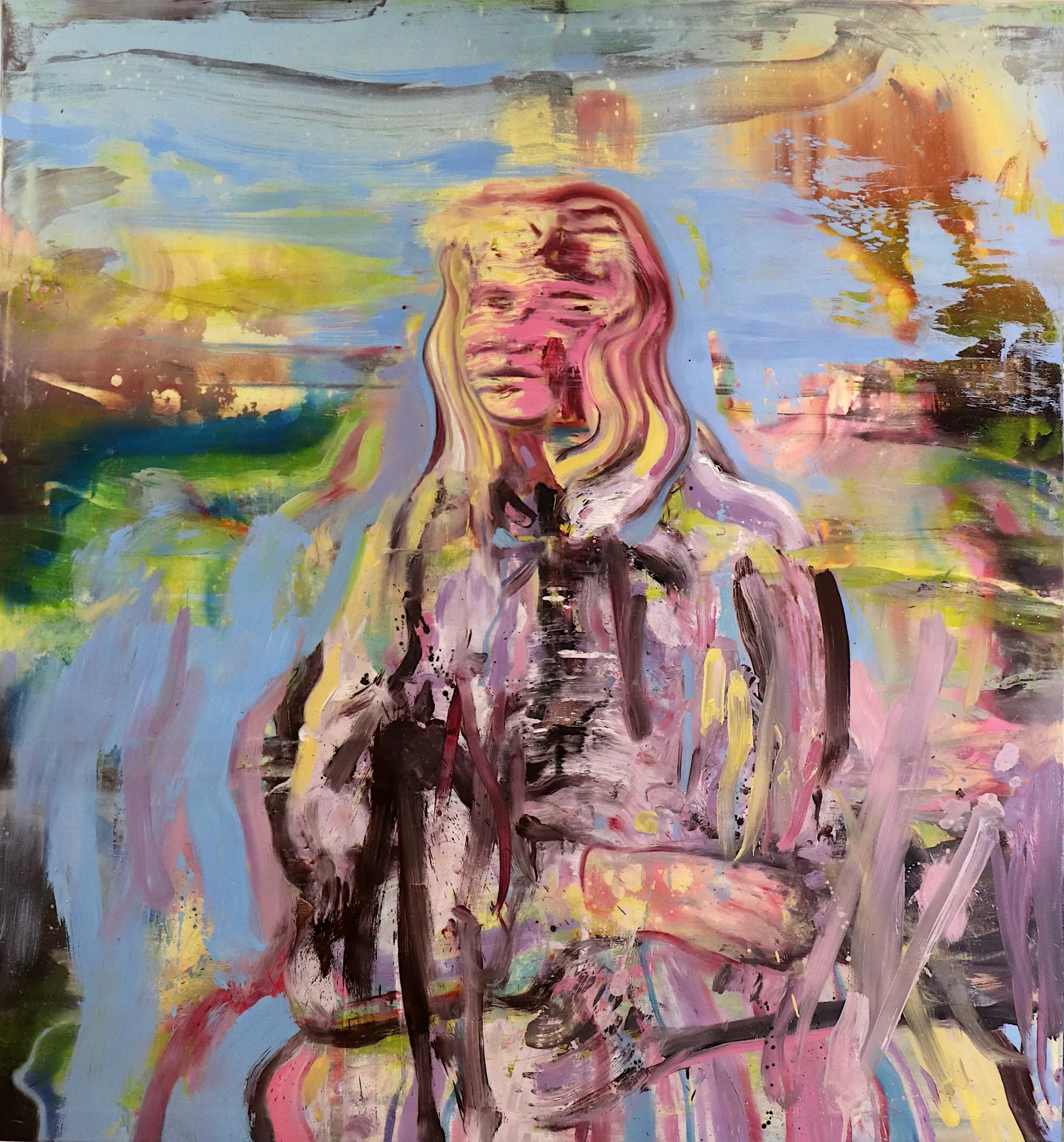 Leonardo Vargas, L'attente (VHS loop restoration), oil on canvas, standing figure with striated face against a pale blue sky
