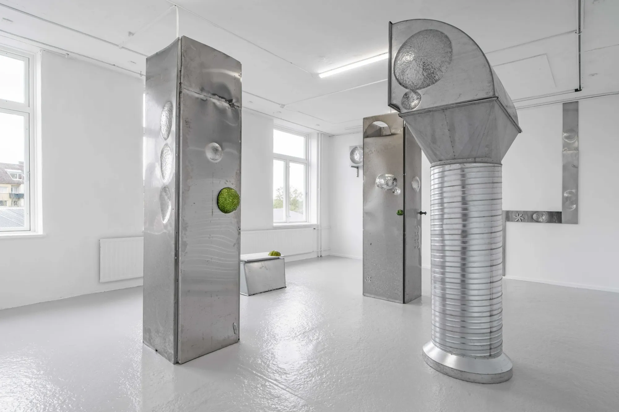 Matti Sumari, Object of Devotion, Skånes konstförening, Malmö, 2026, two steel panels and ribbed duct column catapult contemporary exhibition review