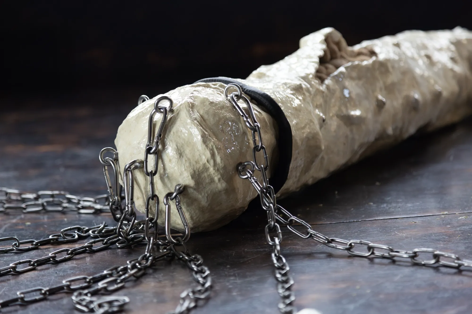 Nicola Genovese, Infinite Stage, detail, cast sculpture surface with metal carabiners and chains, Raleigh Chapel London, 2026