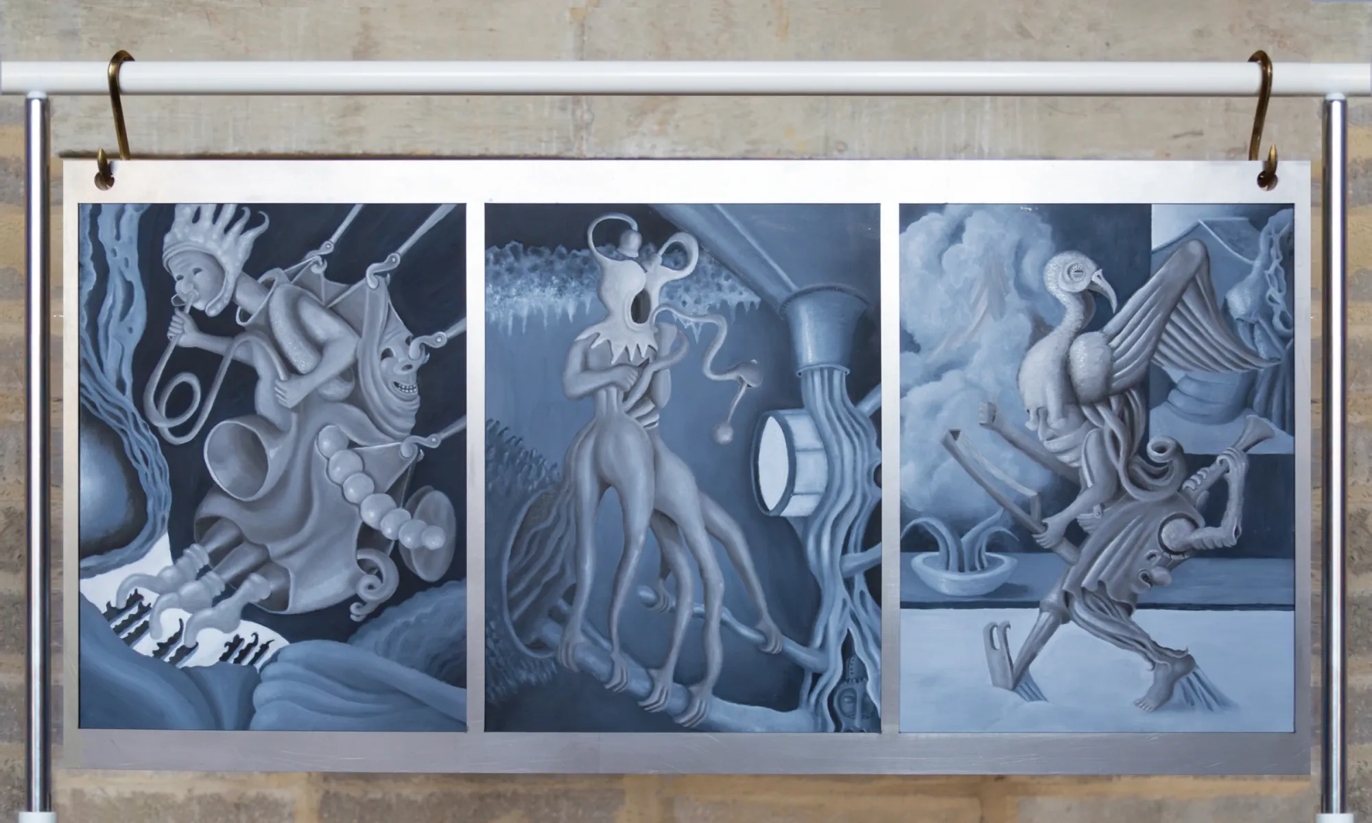 Nicola Genovese, Infinite Stage, Raleigh Chapel, London, 2026, grayscale painted triptych of hybrid figures with instruments
