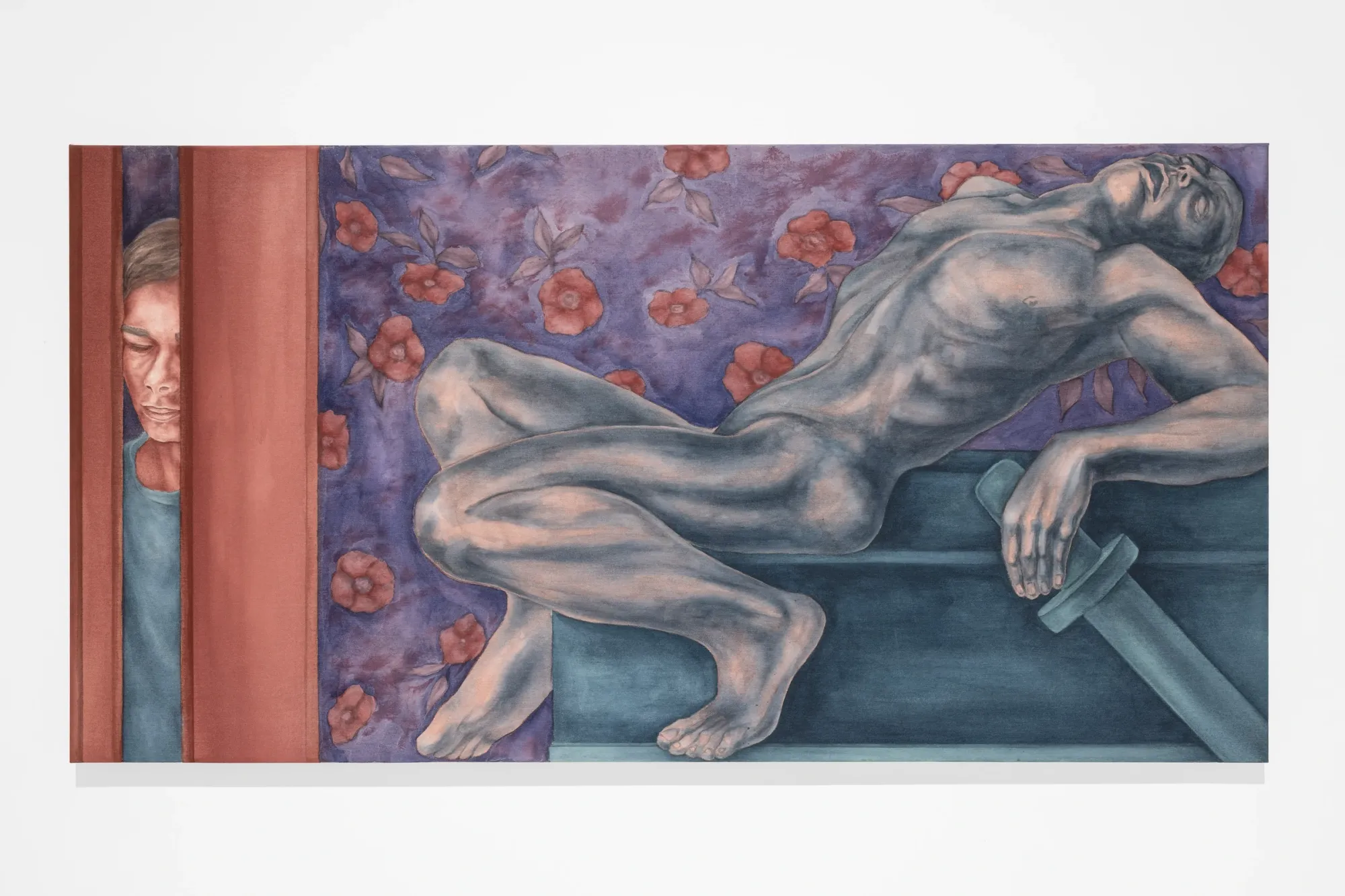 Maciej Nowacki, Duty, HOS Gallery, Warsaw, 2026, painting of a reclining figure holding a sword beside a patterned wall