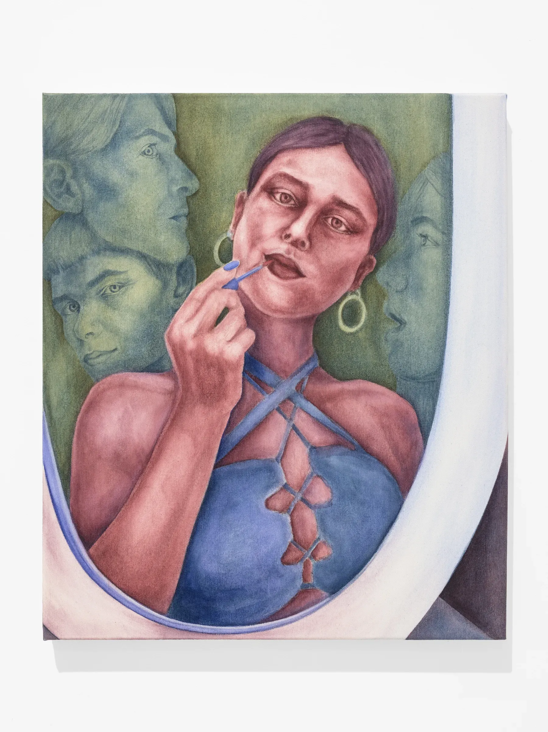 Maciej Nowacki, multiple portrait, HOS Gallery, Warsaw, 2026, painting of a woman applying lipstick in front of a mirror