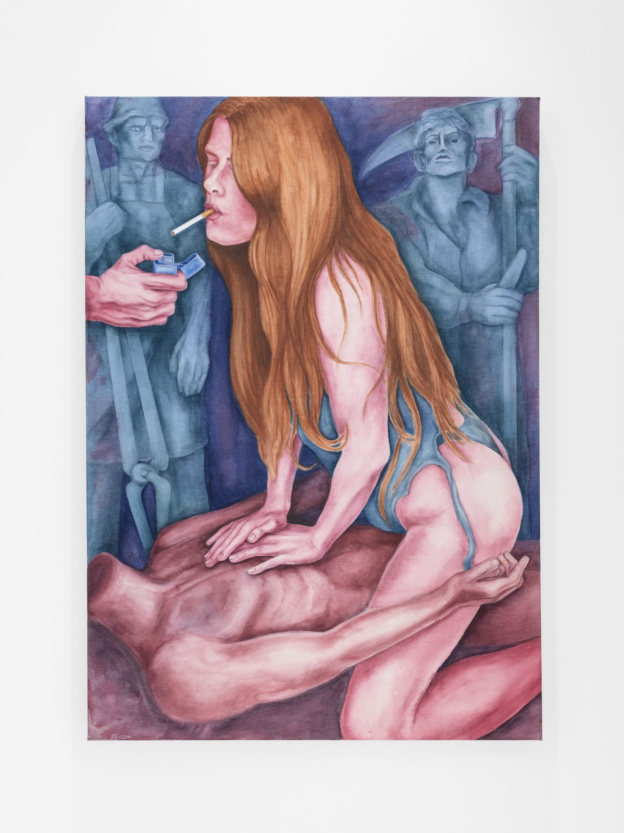 Maciej Nowacki, untitled, HOS Gallery, Warsaw, 2026, painting of a woman kneeling over a fallen figure while a hand lights her cigarette