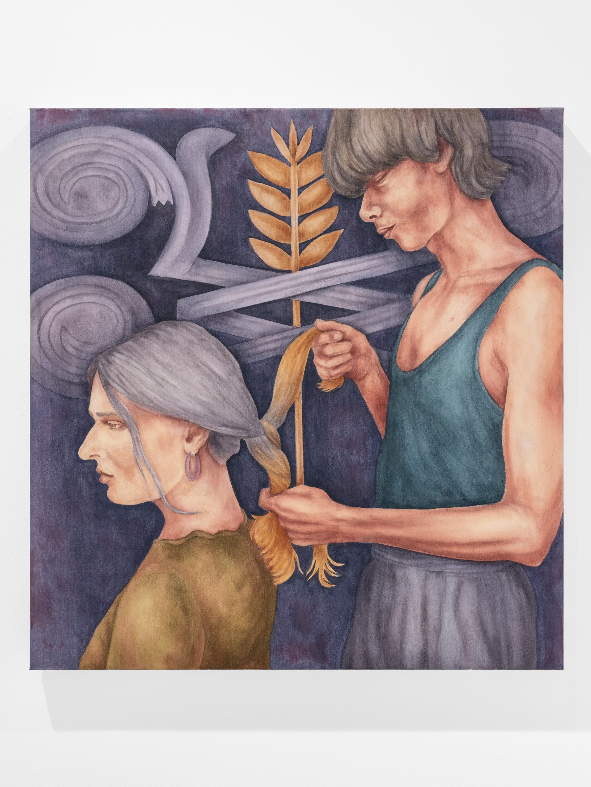 Maciej Nowacki, Grows in silence, HOS Gallery, Warsaw, 2026, painting of one figure braiding another figure's hair
