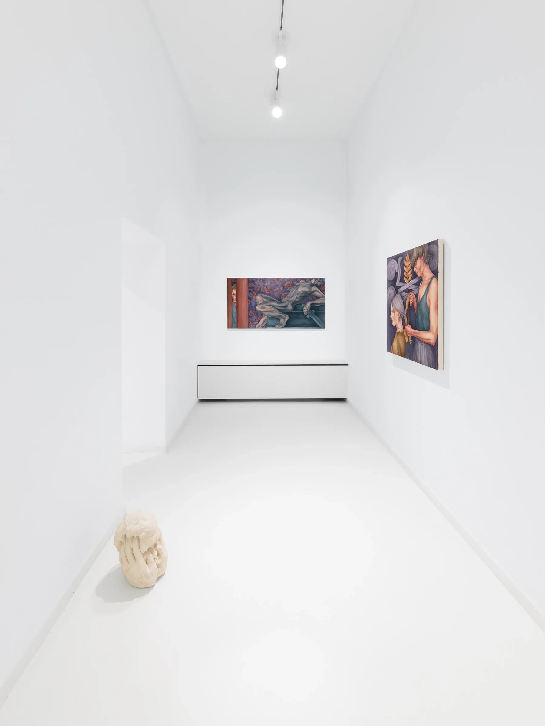 Maciej Nowacki and Miłosz Tomkowicz, Blood Concrete Sun, HOS Gallery, Warsaw, 2026, two paintings on adjoining walls above a pale stone head on the floor