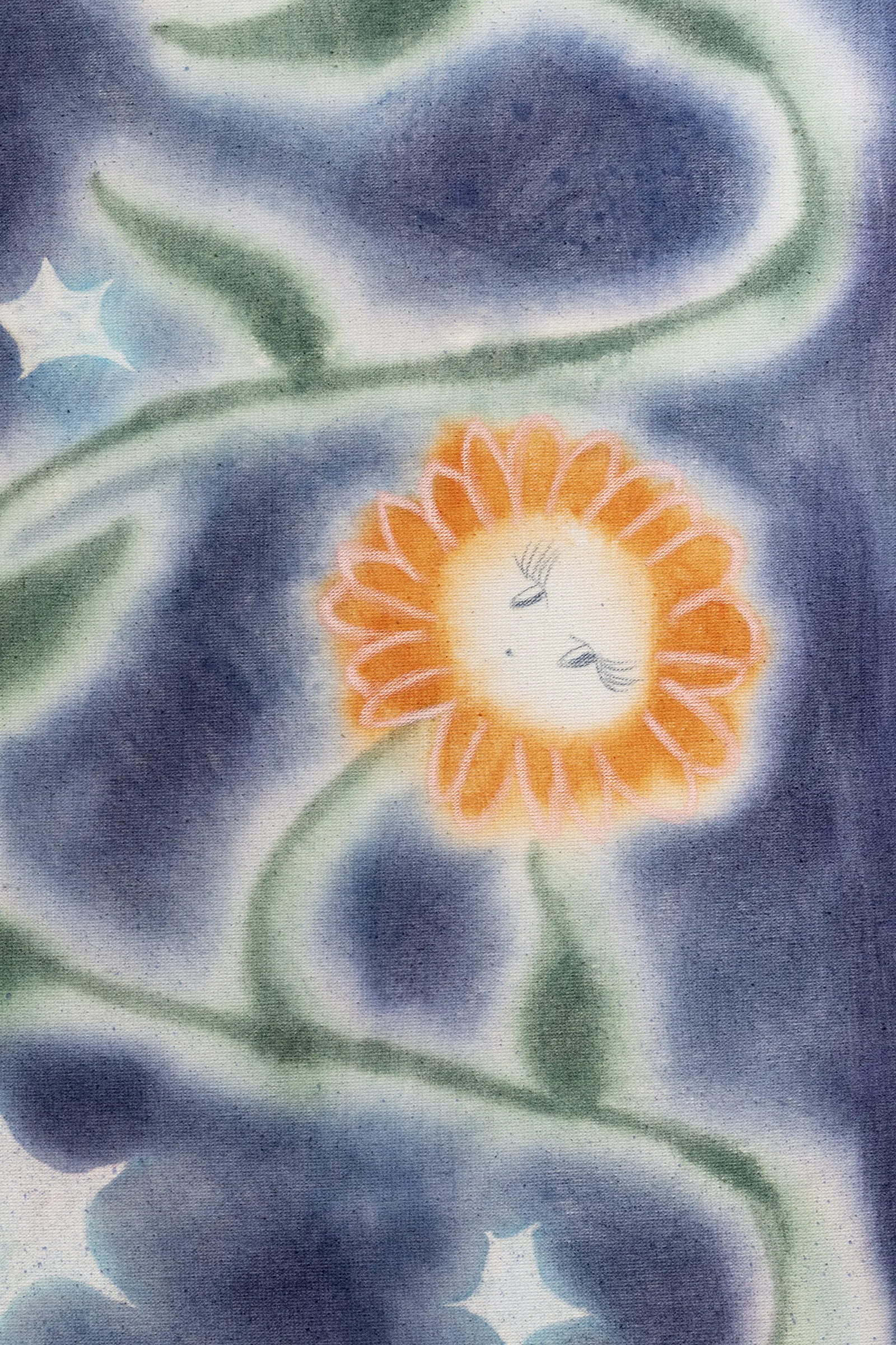Olga Krykun, Stardust for Tomorrow, Clauda, Prague, 2026, close-up of an orange sunflower face with closed eyes