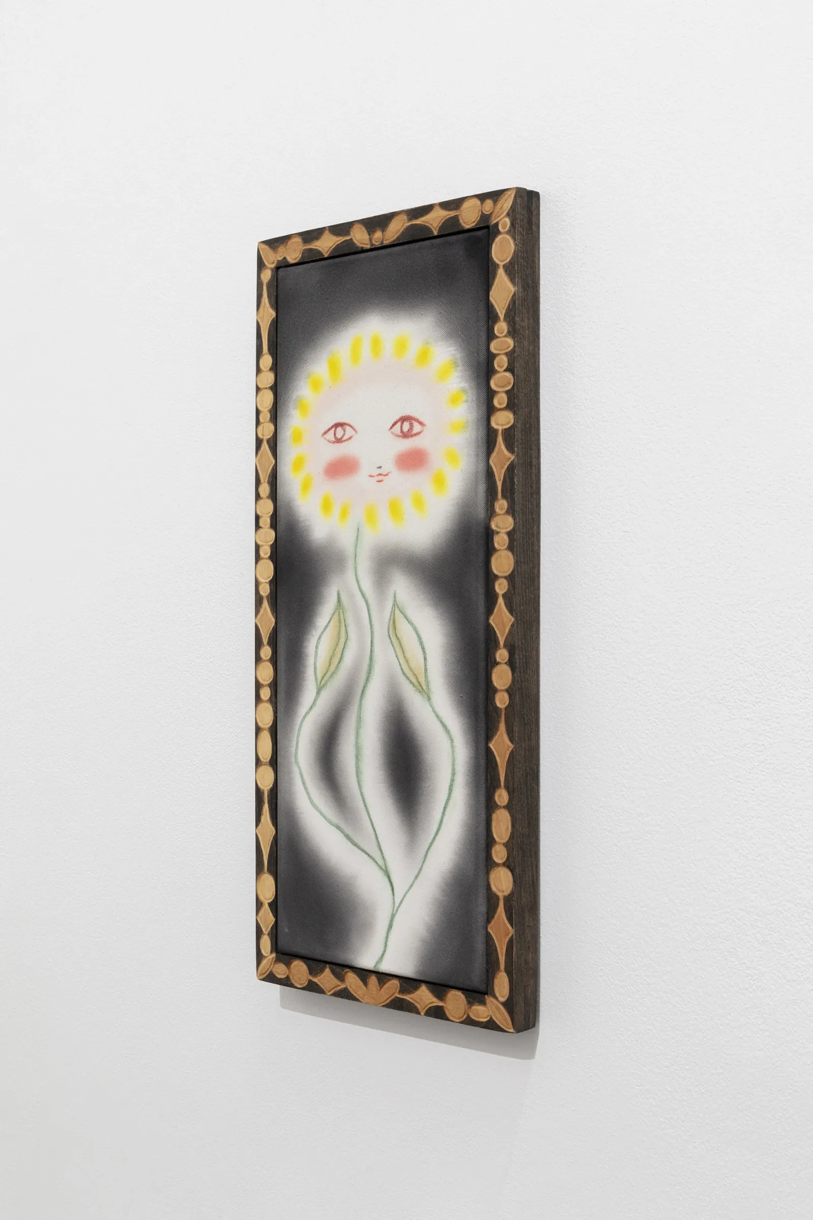 Olga Krykun, Stardust for Tomorrow, Clauda, Prague, 2026, carved wood frame corner on a black sunflower painting