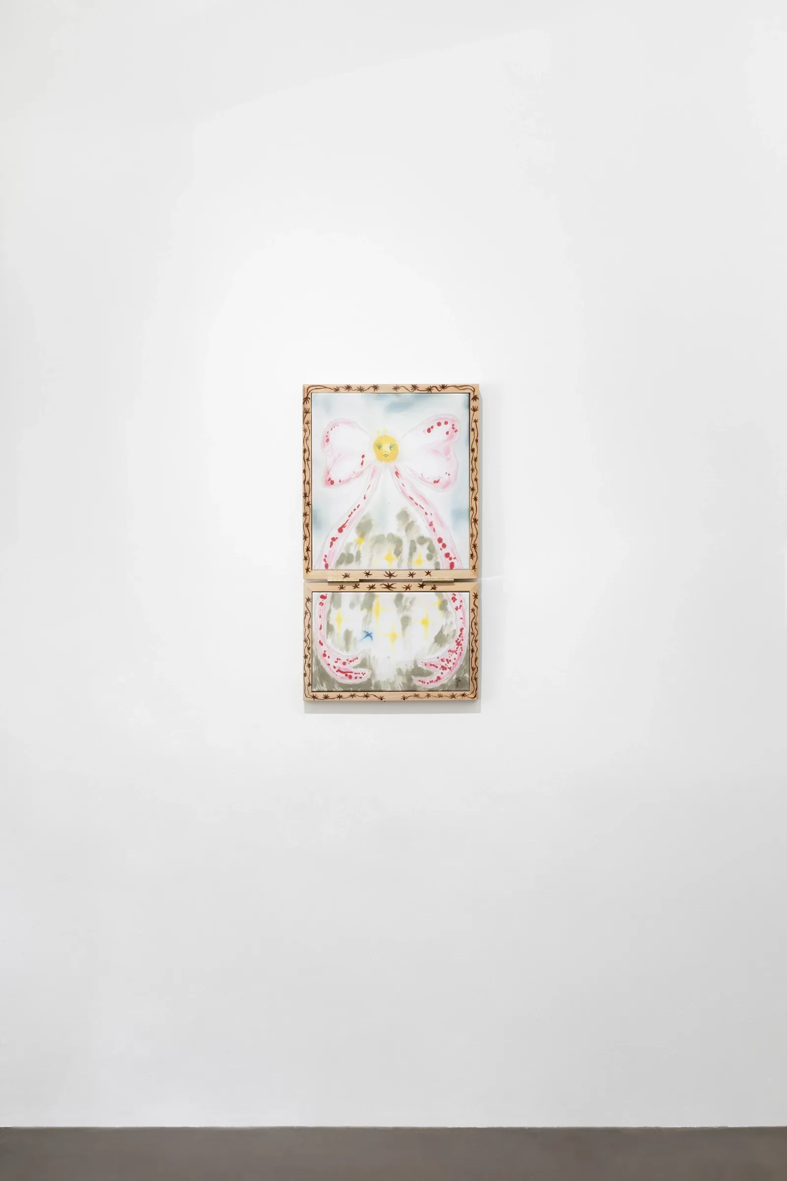 Olga Krykun, Stardust for Tomorrow, Clauda, Prague, 2026, pink bow painting split across two hinged wood panels