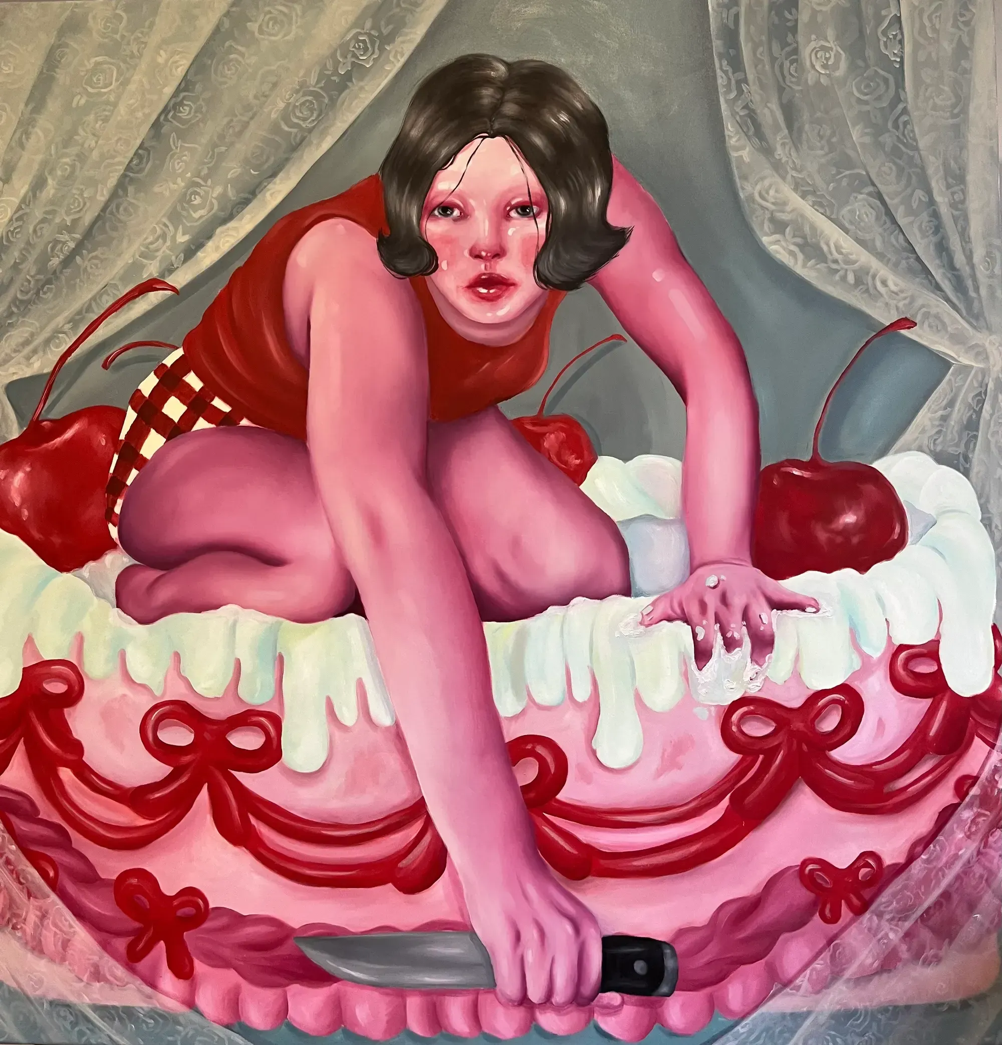 Dominika Kováčiková, 2024 oil painting of a teary-eyed girl crouching inside an oversized cake while holding a kitchen knife.