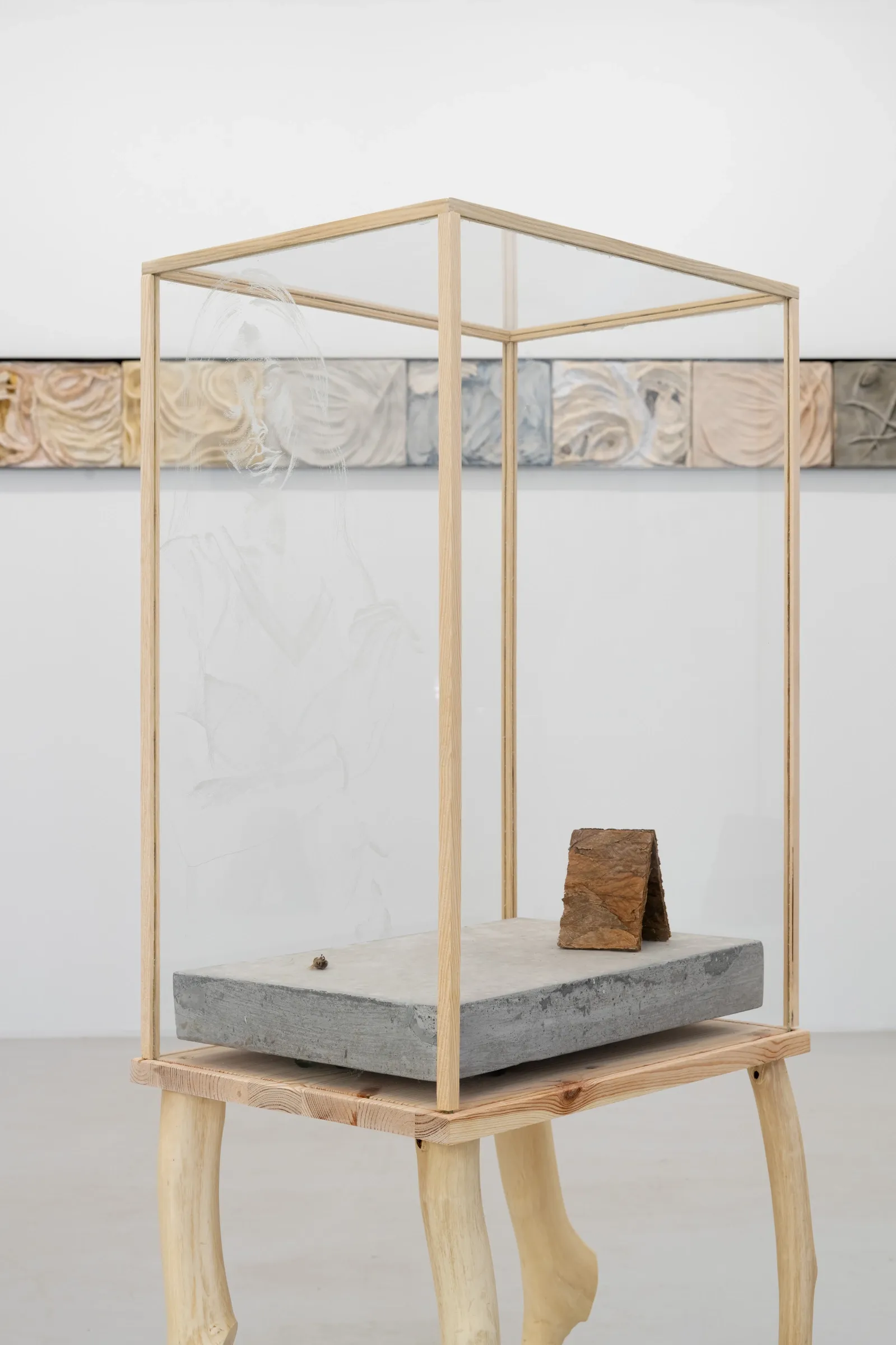 Exhibition review of Agnieszka Topolska: Call It Fate, Call It Karma at Galeria Skala, Poznań, 2026. Glass display case on wood legs with a wood fragment on a concrete slab, faint figure etched into the glass.