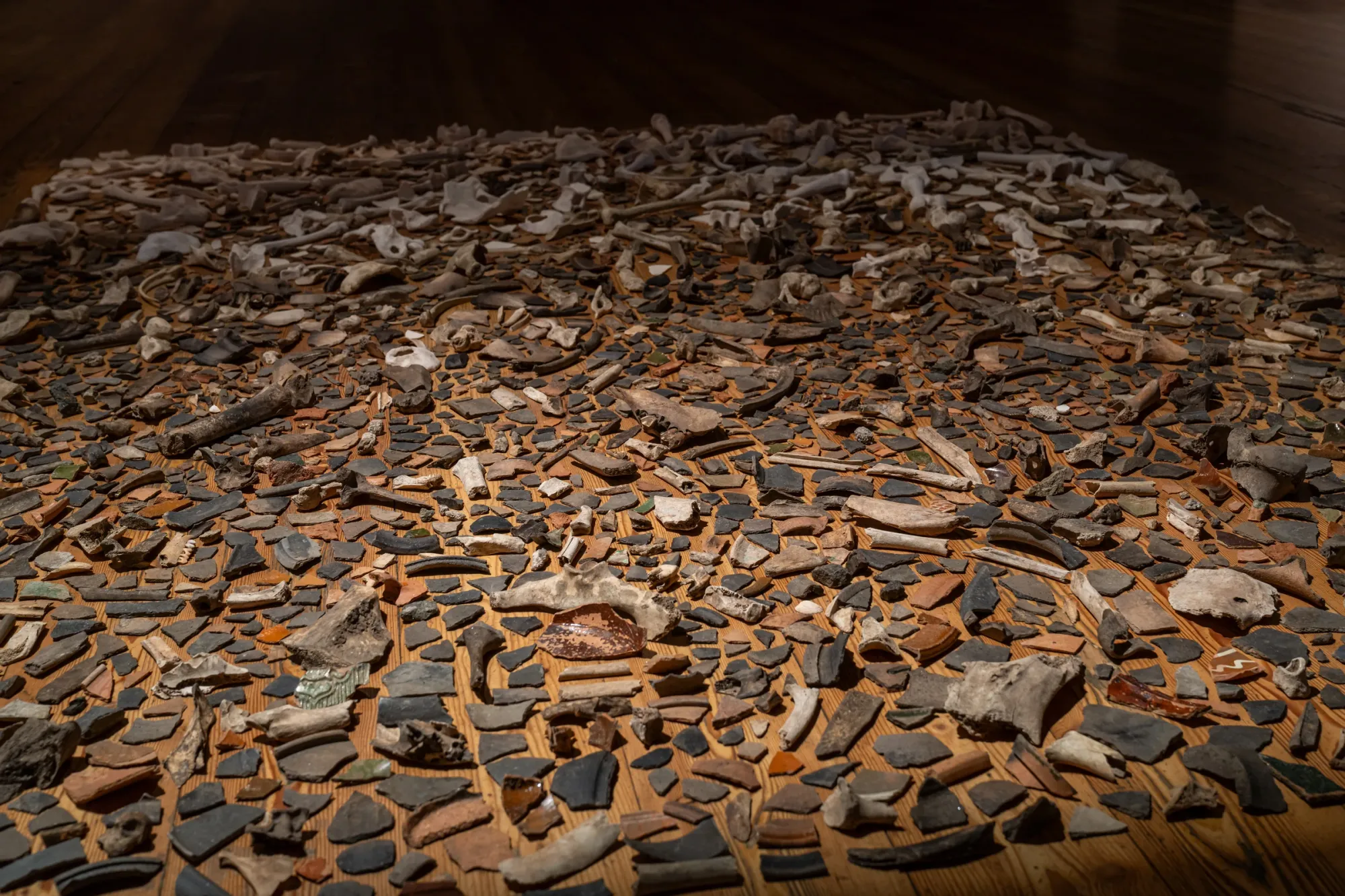 Exhibition review of Daniel Wetzelberger: TRANSFER at Kulturforum Laßnitzhaus, Deutschlandsberg, 2026. Overhead view of unglazed ceramic fragments and bone pieces sorted directly on the floor.