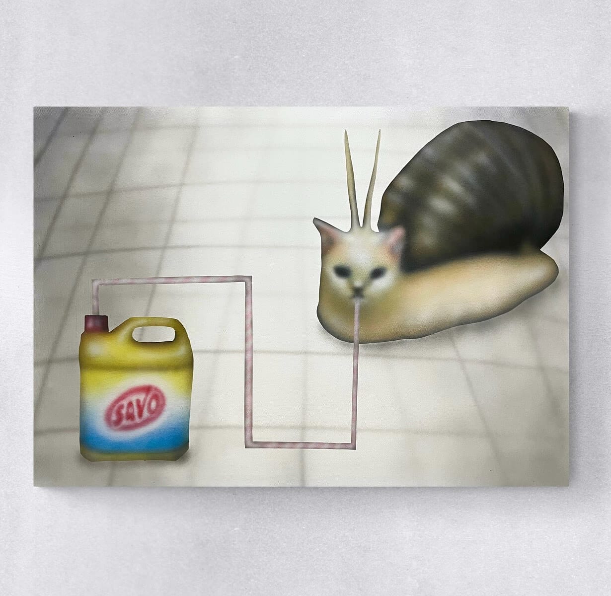 Gabriela Genčúrová, Morning Bleach Smoothie to Function, surreal painting of a cat-snail creature drinking from a brightly colored container.