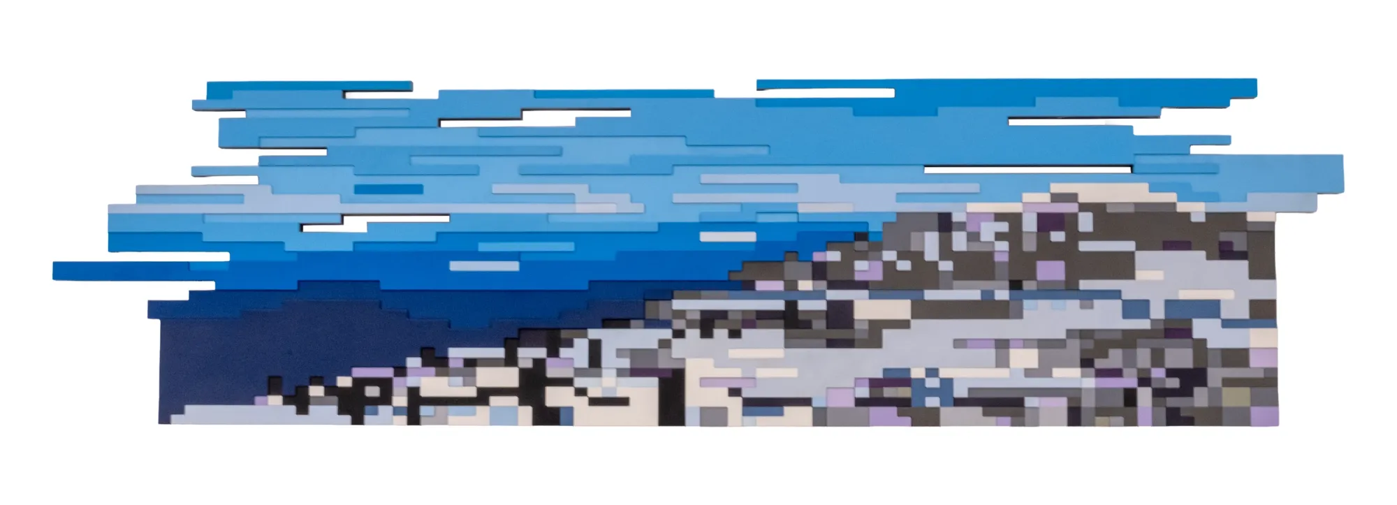 catapult contemporary platform art Artist Profile Feature: Jaebum Joo, studio practice and artwork at Hakgojae Gallery, Seoul, 2026. Wide wall relief of layered blue wood strips over a coastal scene.