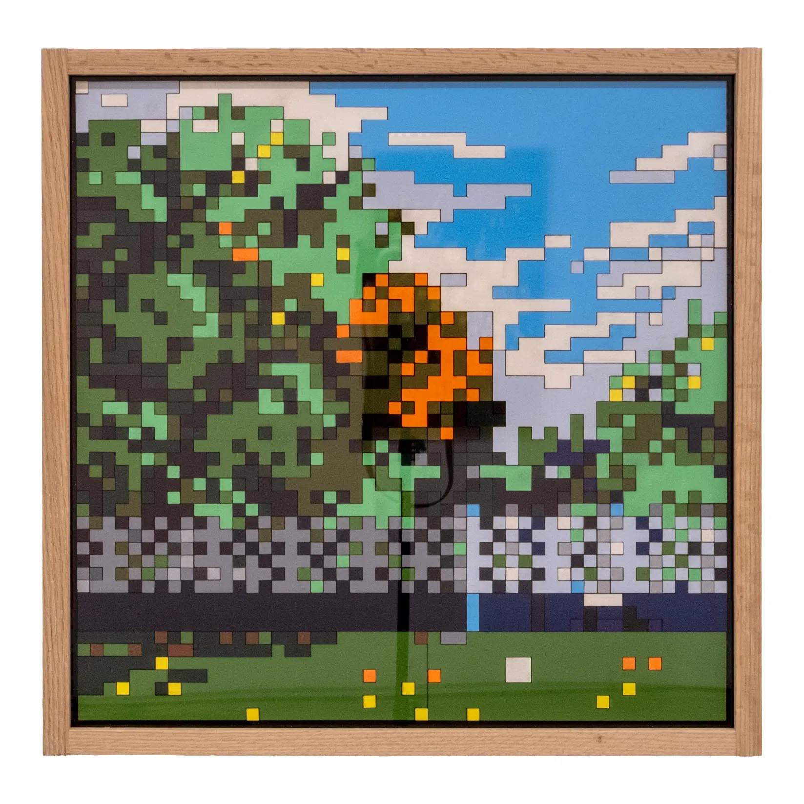 Jaebum Joo, studio practice and artwork at Hakgojae Gallery, Seoul, 2026. Framed garden and pond scene rendered in painted wood pixel blocks.