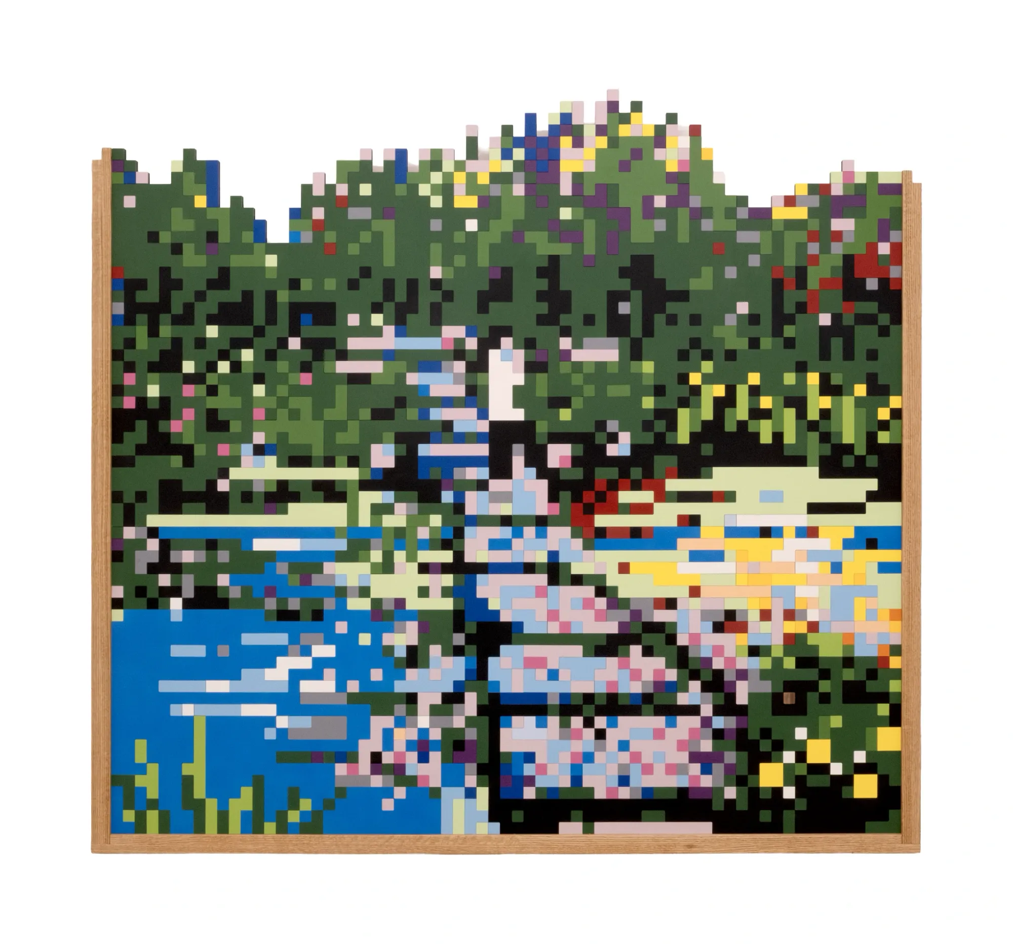 Jaebum Joo, studio practice and artwork at Hakgojae Gallery, Seoul, 2026. Green garden scene with a blue pond, framed in raw wood.