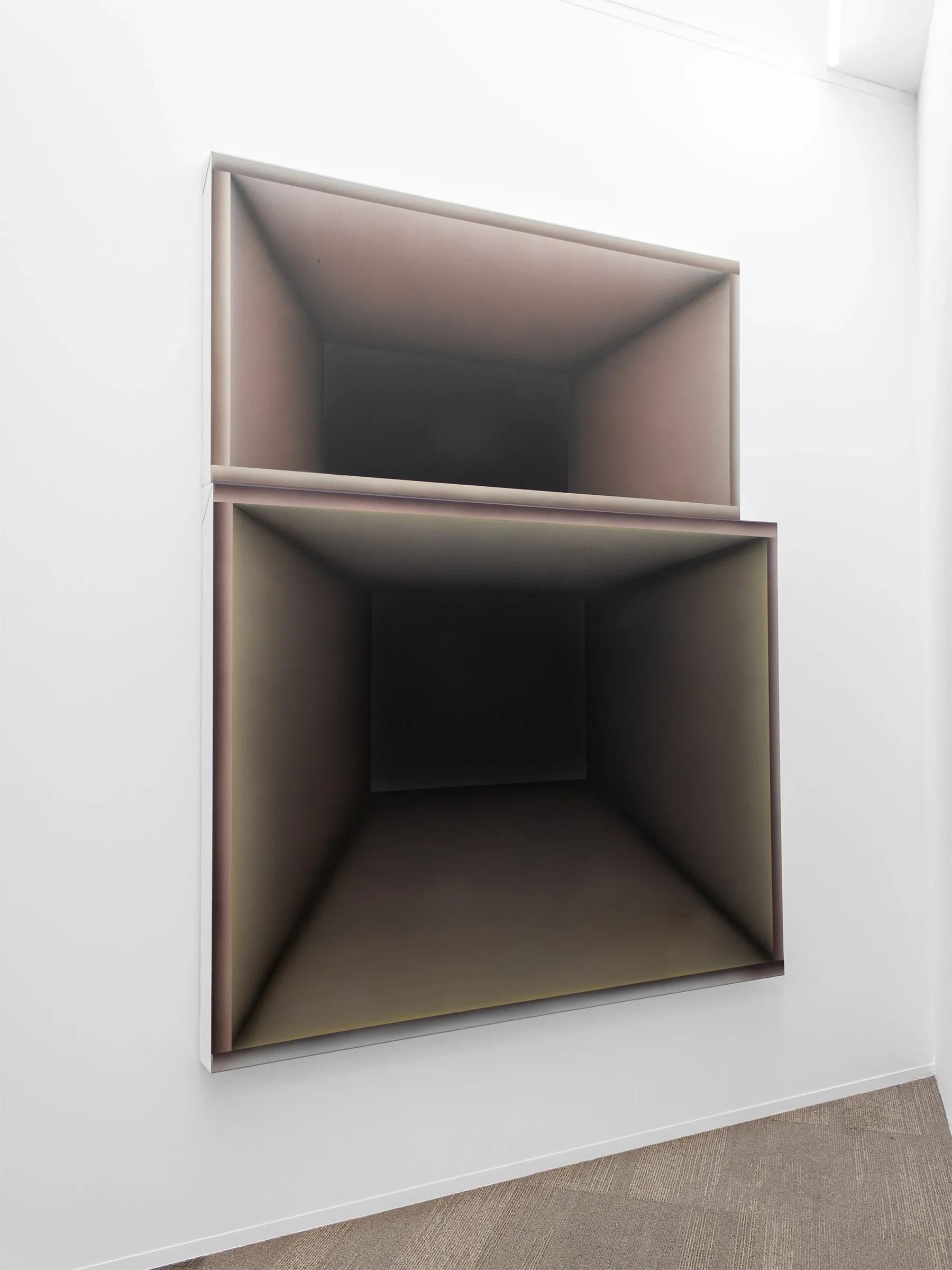 Exhibition review of Jan Van Hal: no stud at Emergency Space, Paris, 2026. Two stacked acrylic panels painted as dark receding box interiors Two stacked acrylic panels painted as dark receding box interiors.