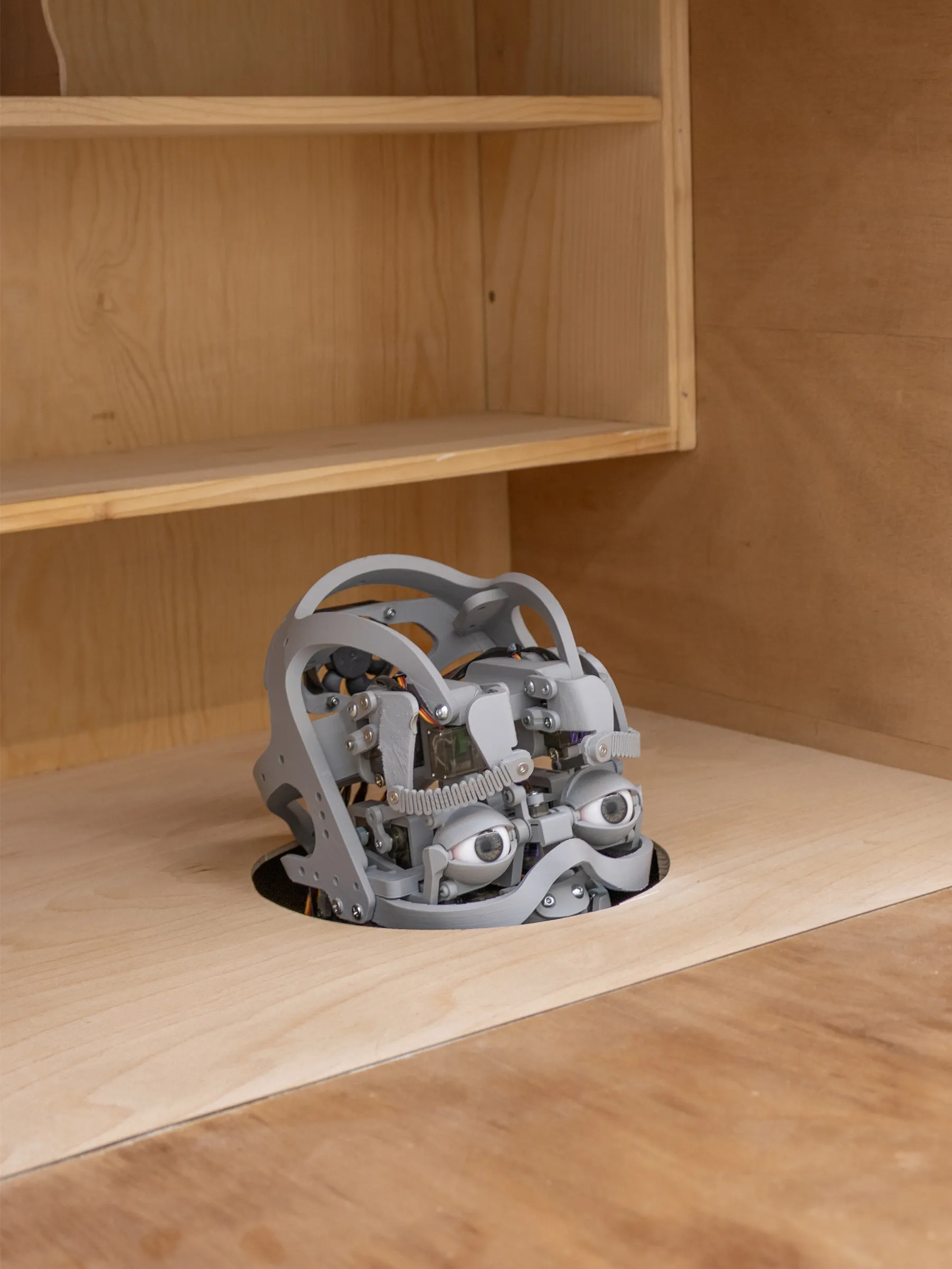 Exhibition review of Jana Köhle and Dominik Münch: Kabinett at Emergency Space, Paris, 2026. Close-up of the grey animatronic mechanism with two eyes emerging from a round opening.