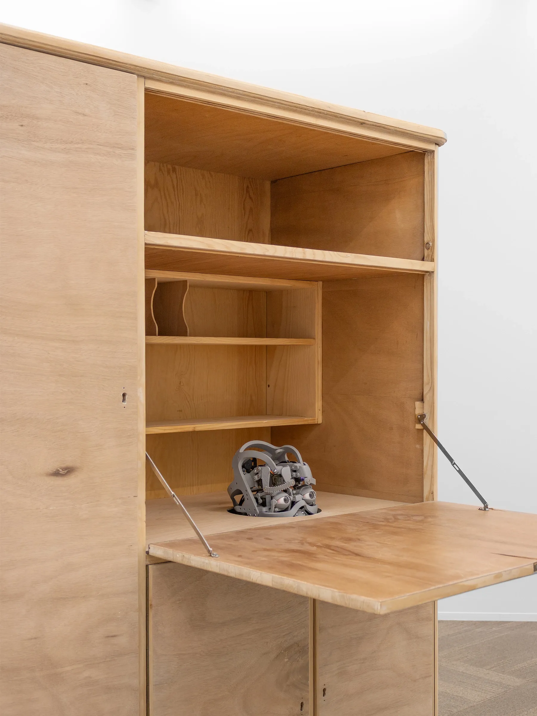 Jana Köhle & Dominik Münch, Kabinett, 2026, Closet, Animatronic Exhibition review of Jana Köhle and Dominik Münch: Kabinett at Emergency Space, Paris, 2026 Open plywood closet with a small grey animatronic eye mechanism inside.