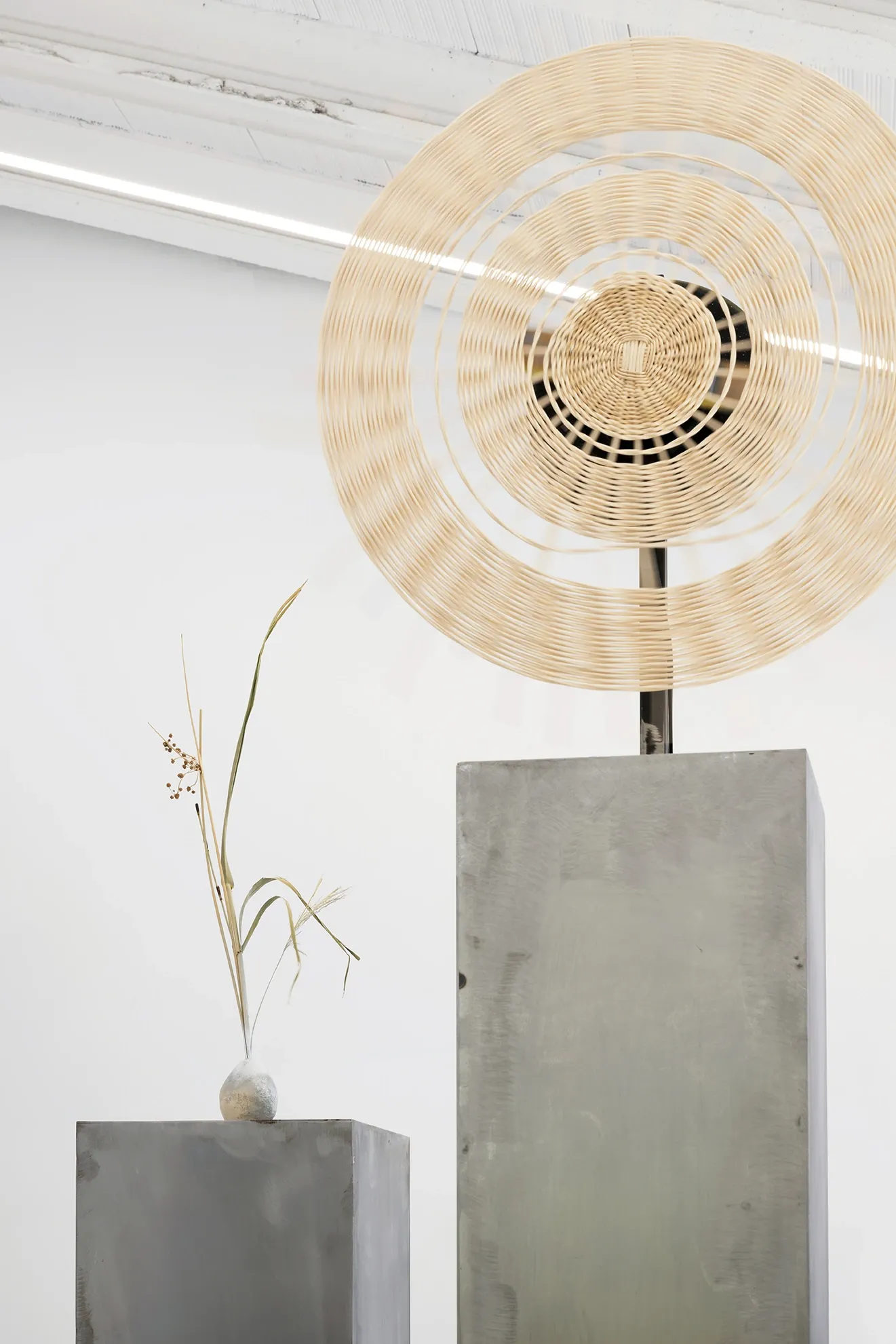 Exhibition review of Leah Dixon: Tartan Tartana at Spiritvessel, Espinavessa, 2026. Woven rattan wheel mounted on a steel column beside dried grass in a resin vessel.