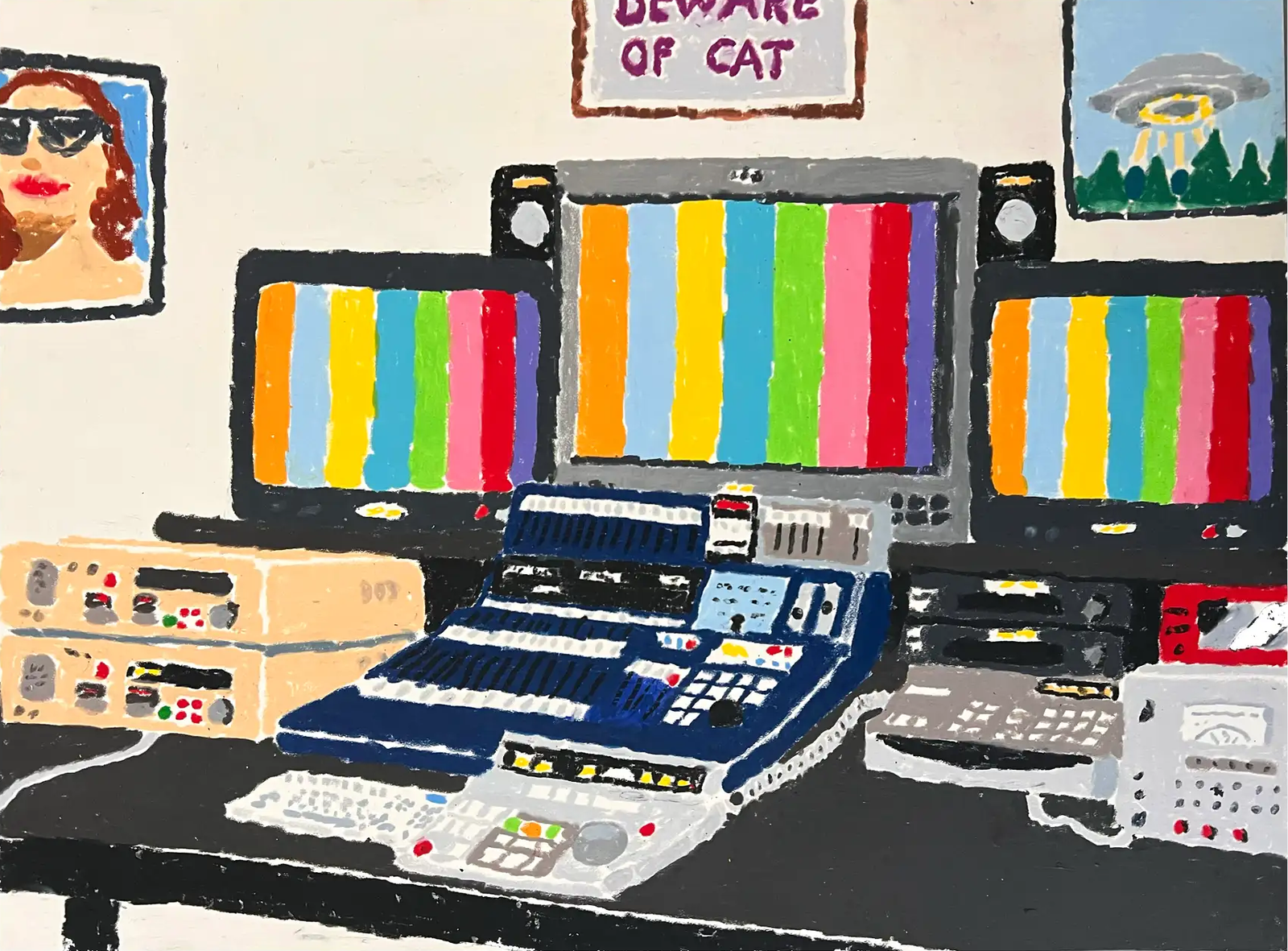 Luca Bjørnsten, I Used To Be An Editor, 2024, wax pastel drawing of a colorful retro television editing studio with multiple screens and control panels.