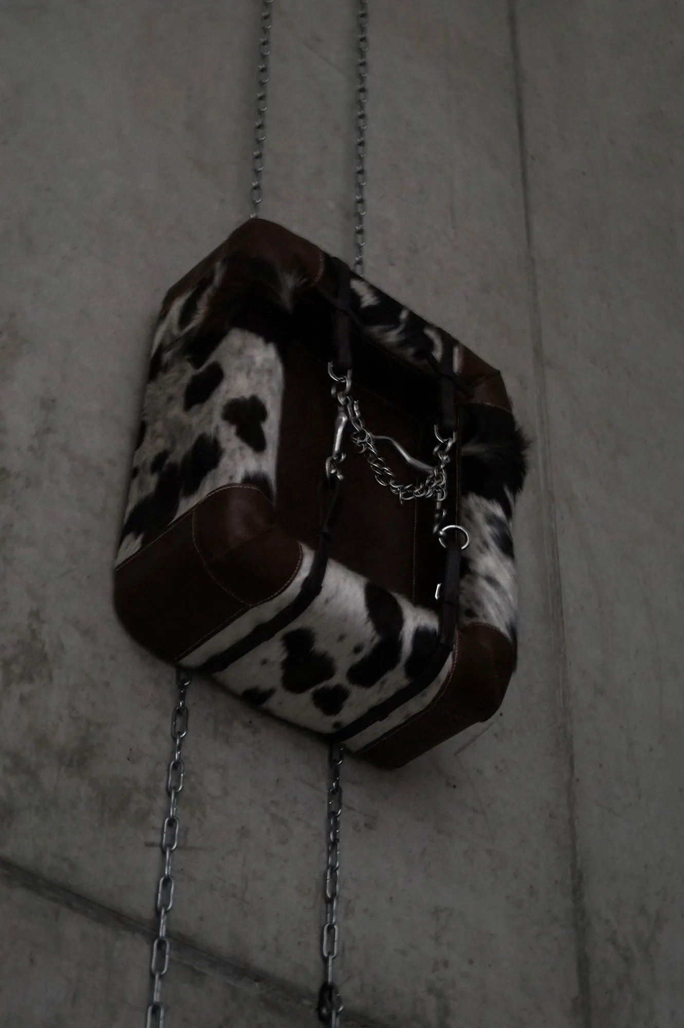 Exhibition review of Daria Maiier: The Solemnity of the Repulsive at ROAM projects e.V., Berlin, 2026. Close detail of a steel bit and chain hanging against a black and white cow hide frame.