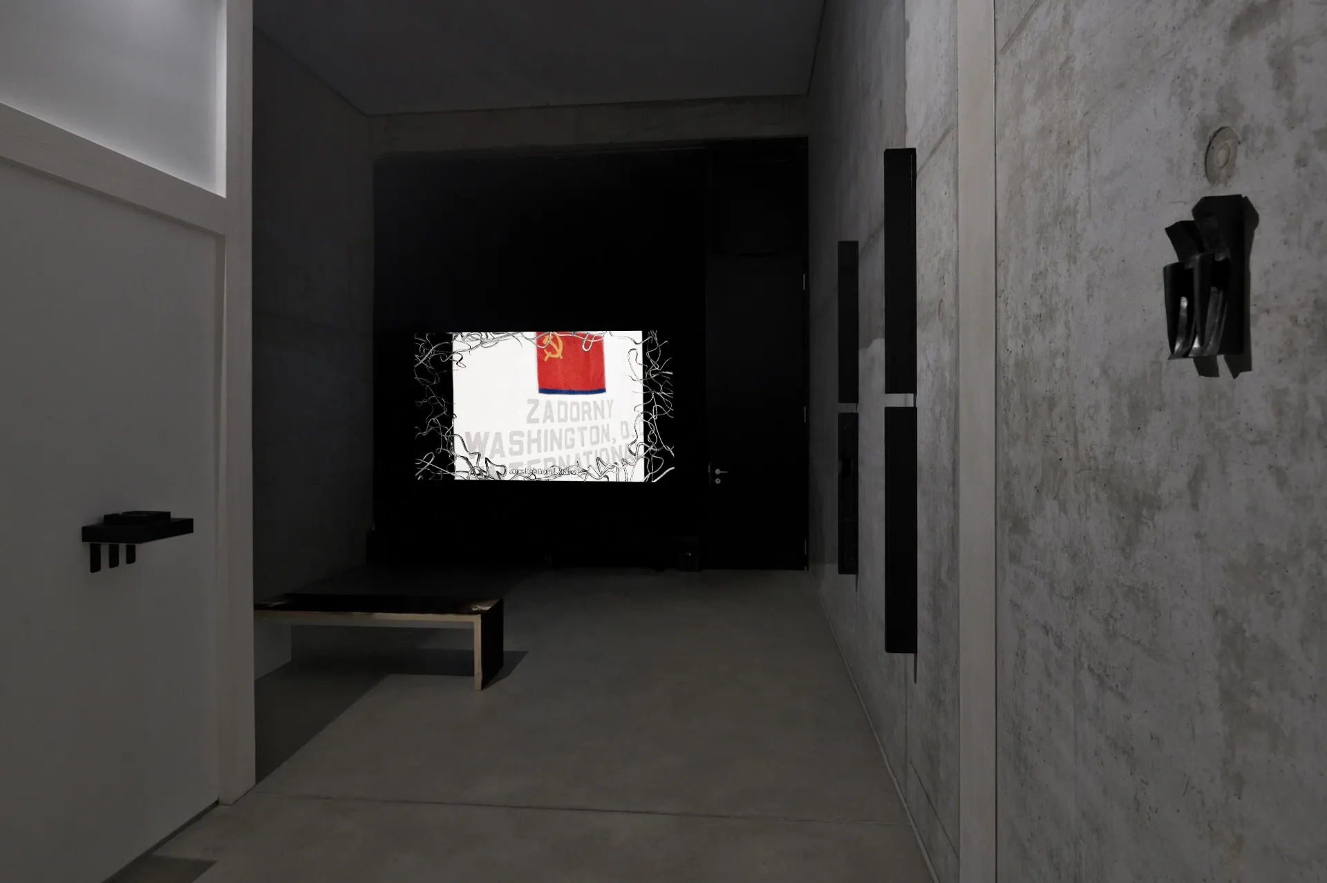 Exhibition review of Daria Maiier: The Solemnity of the Repulsive at ROAM projects e.V., Berlin, 2026. Video still of a red hammer-and-sickle flag graphic overlaid with the word Zadorny.