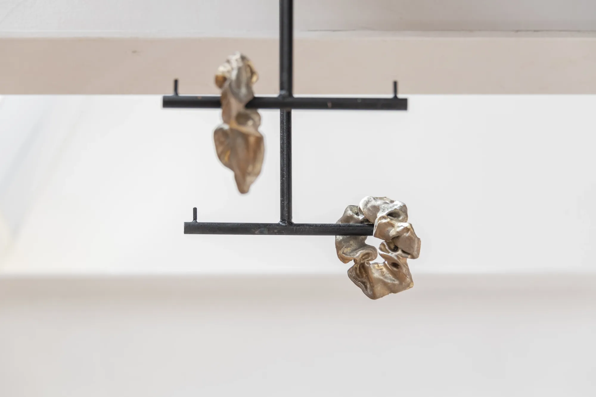 Exhibition review of Maija Fox: As the sap rises at OUTPOST, Norwich, 2026. Cast brass and silver forms resembling hair scrunchies on a black steel frame.