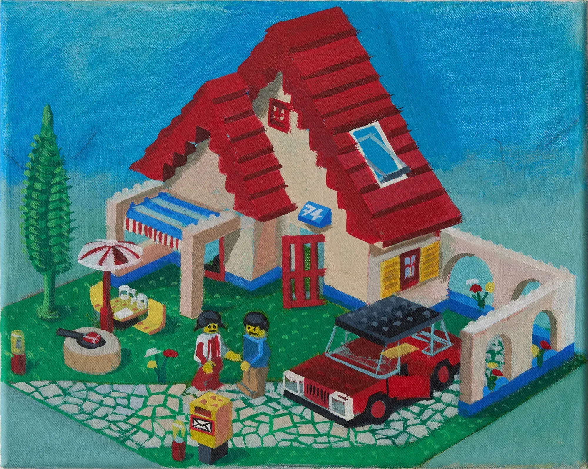 Martin Schuster, Holiday Home, 2024, painting of a toy-like house, miniature figures and a red car in a bright suburban scene.