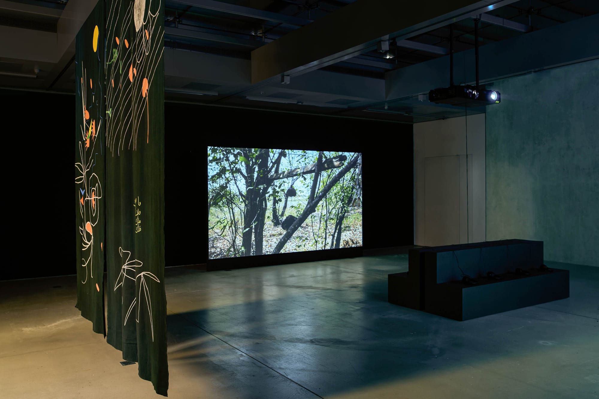 Exhibition review of Marwa Arsanios: Who is Afraid of Ideology? at TAXISPALAIS Kunsthalle Tirol, Innsbruck, 2026. Dark green printed textile drape beside a screen showing a forest with a hanging object.