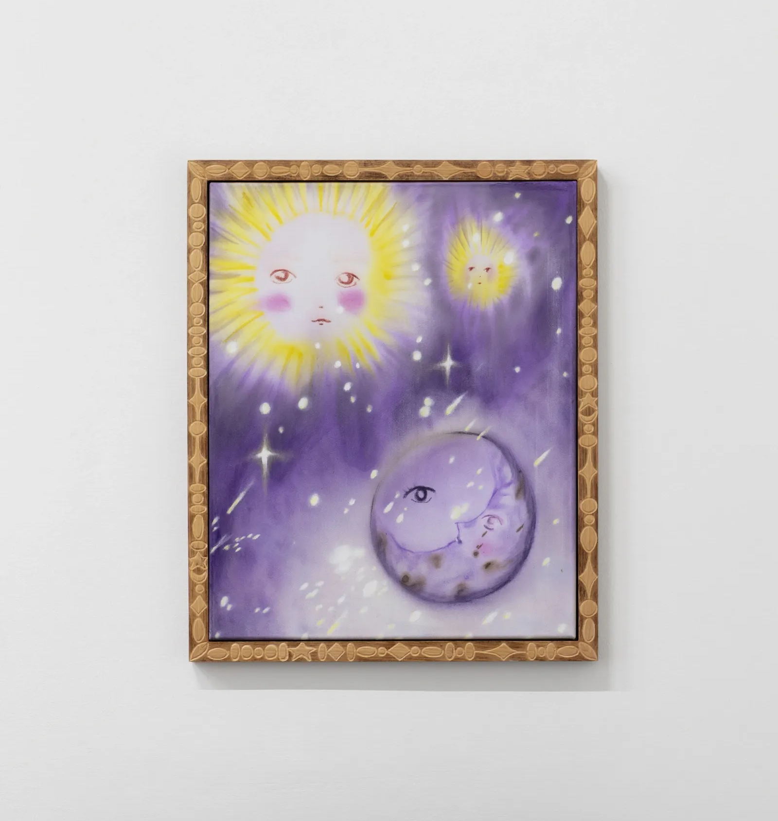 Olga Krykun, Stardust for Tomorrow, 2026, painting with kawaii-style sun, moon and celestial figures in soft purple and yellow tones.