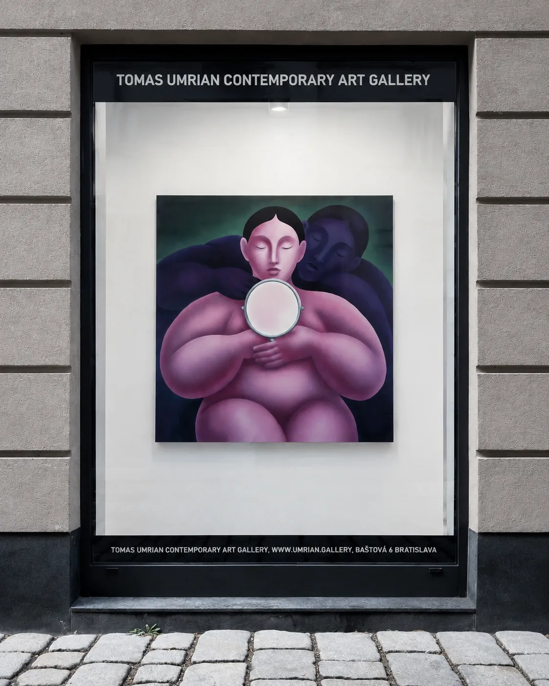 Catapult contemporary Exhibition review of Soft Power: gallery storefront window at night displaying a painting, Baštová 6, Bratislava