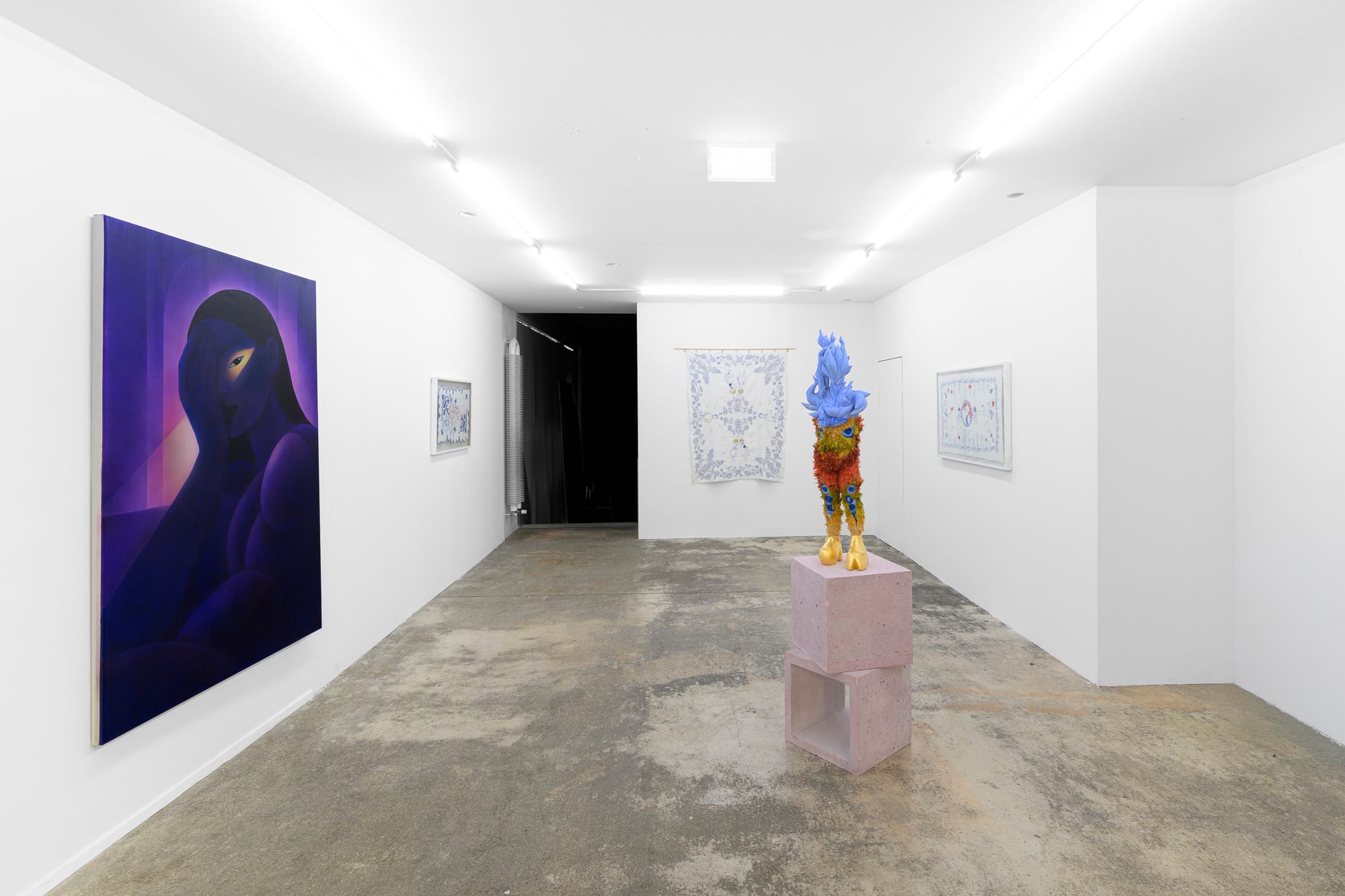Exhibition review of Soft Power: gallery room with painting and freestanding sculpture on plinth, Umrian Gallery, Bratislava, 2026.