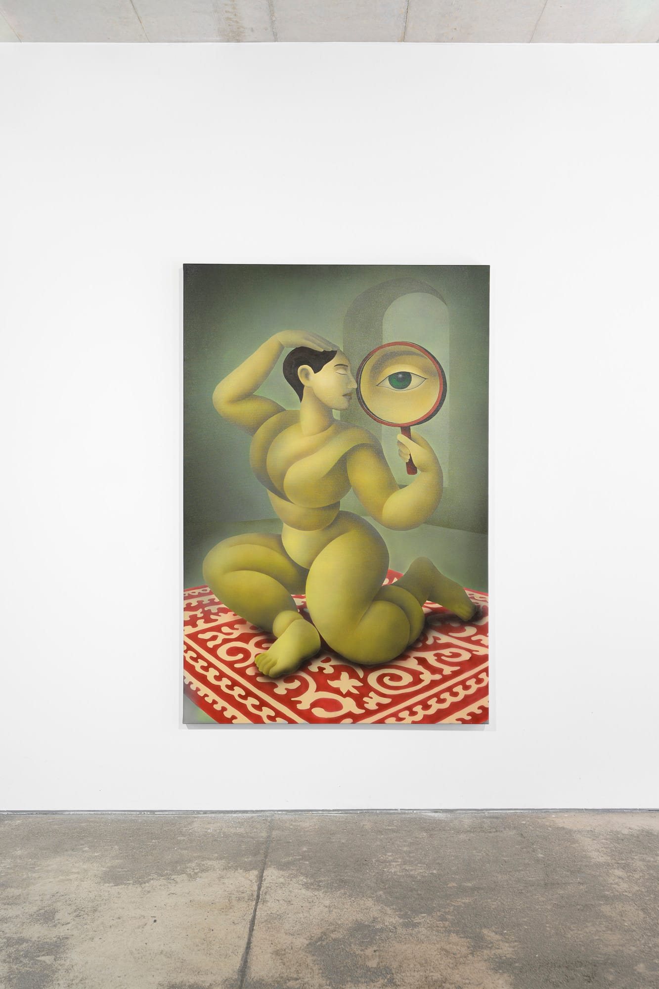 Exhibition review of Soft Power: painting by Aziya of a seated pink figure holding a round mirror, muted green ground.