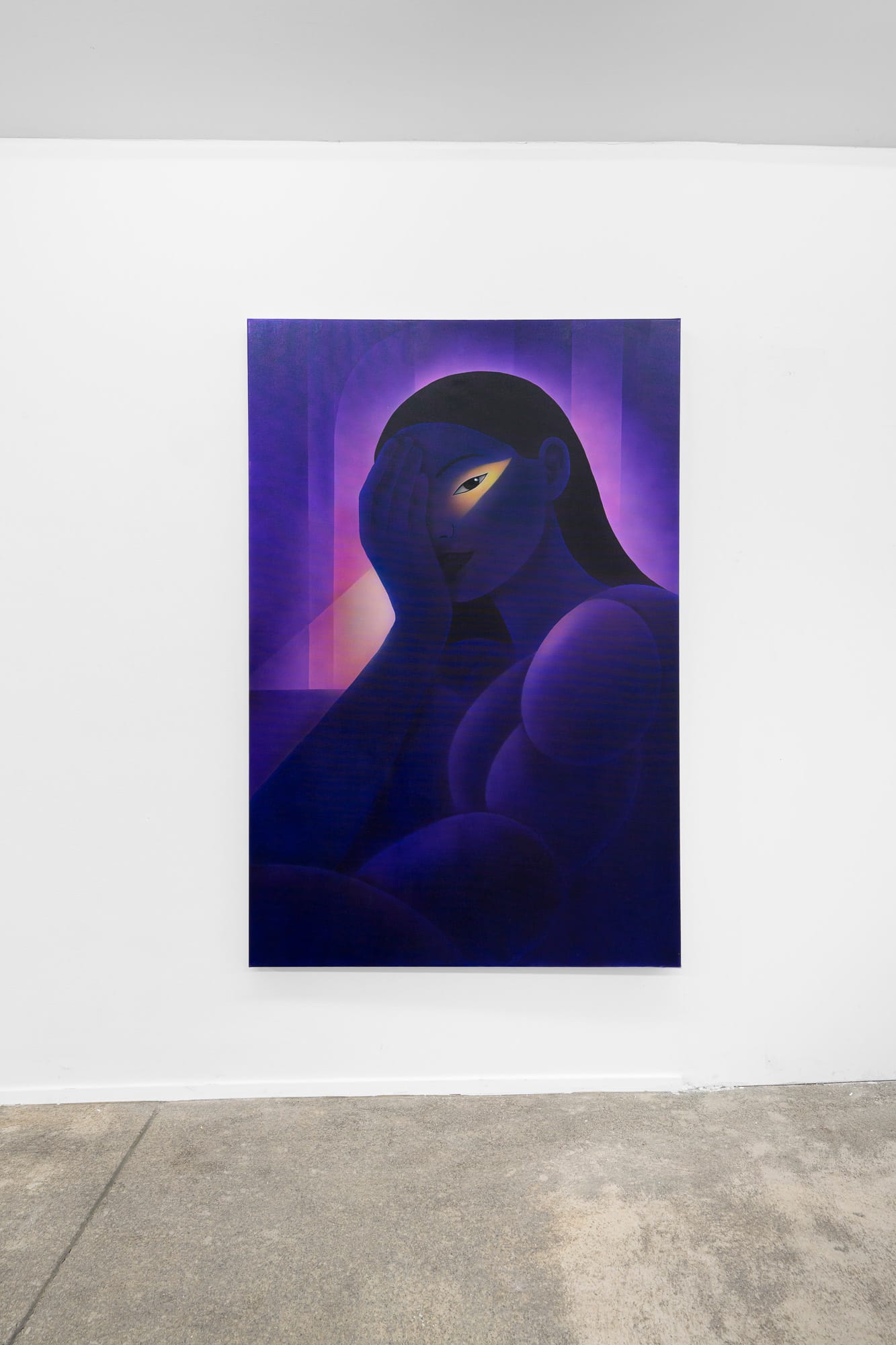 Exhibition review of Soft Power: painting by Aziya of a hooded violet figure with a single visible eye against dark ground.