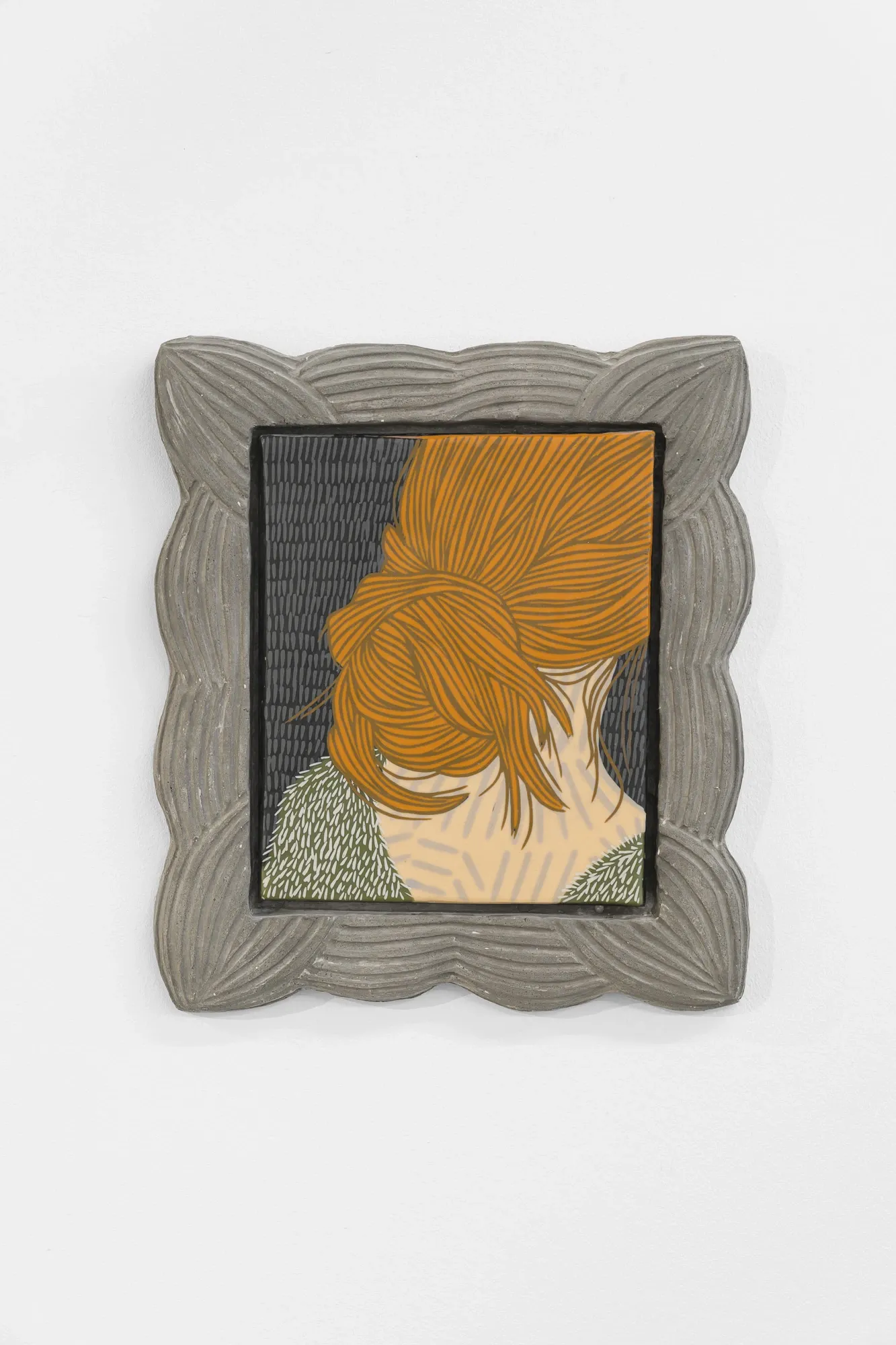 DANA BARTONÍČKOVÁ “What Lives Behind” 140 x 140 cm, acrylic on linen Exhibition review of Soft Power: small framed panel of orange hair styled in a bun, set in a braided concrete frame.