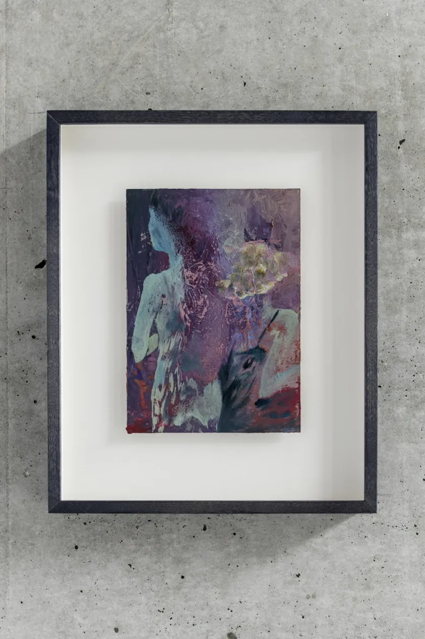 Exhibition review of I Think My Body No Longer Belongs to Me at roam projects e. V., Berlin, 2026. Small violet painting of a pale figure in a deep frame.