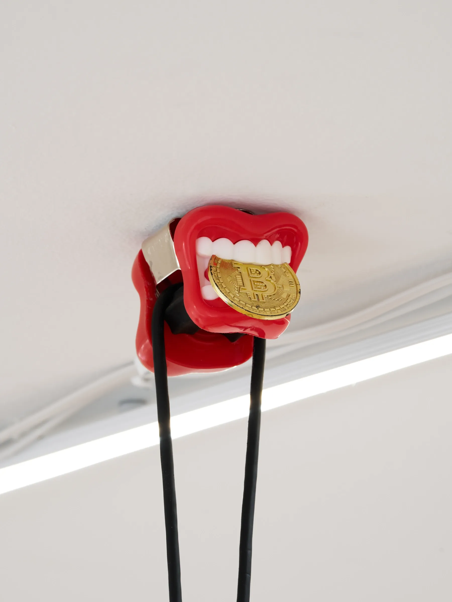 Exhibition review of Elisa Diaferia & Juri Simoncini: Sequence for an Optimal Dispatch at aaaa nordhavn, Copenhagen, 2026. Red plastic mouth on the ceiling biting a gold coin, black cord below.