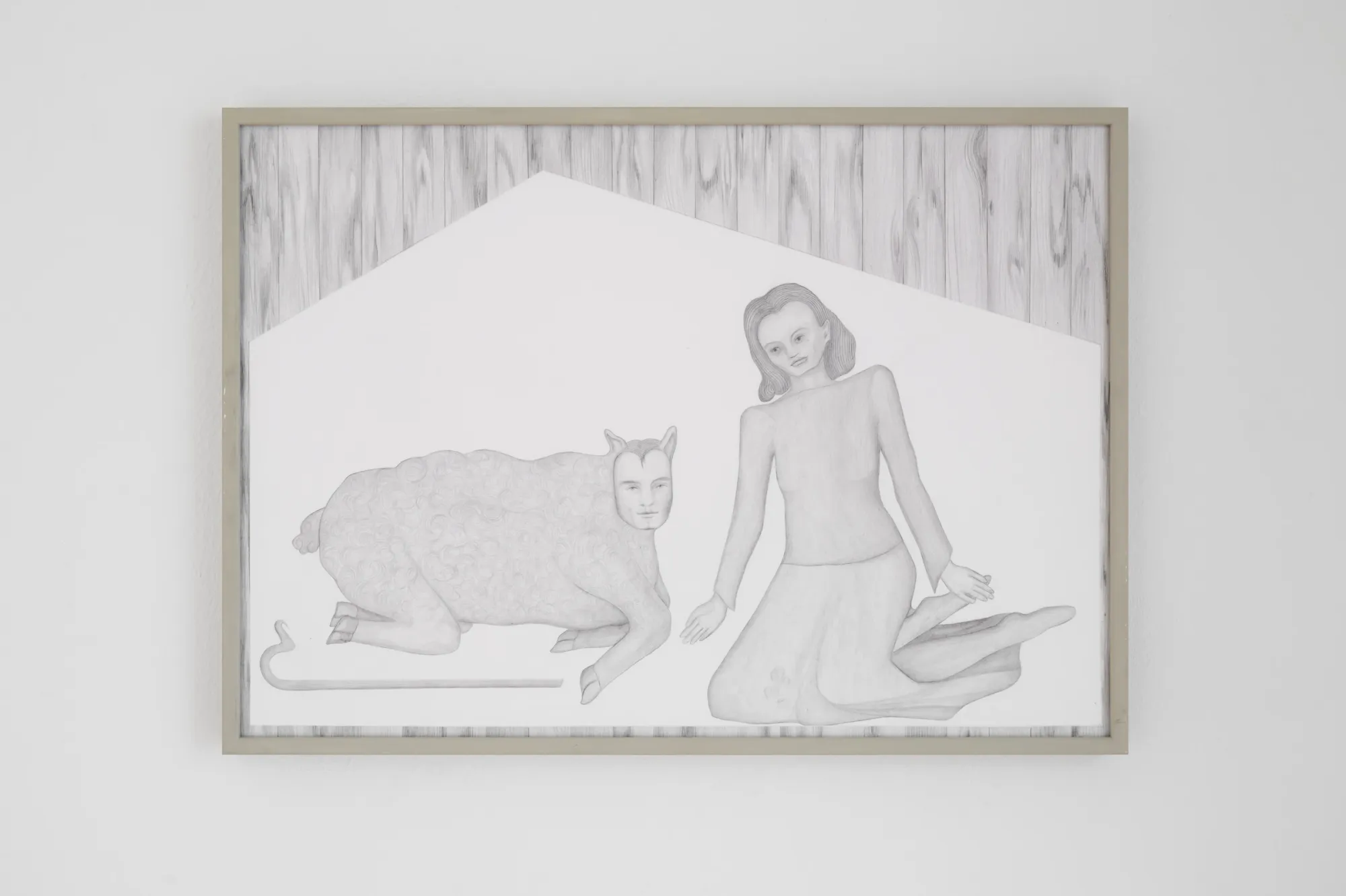 Exhibition review of Enxhi Mehmeti: Sequence for an Optimal Dispatch at aaaa nordhavn, Copenhagen, 2026. Framed grey pencil drawing of a kneeling woman beside a sheep-bodied figure.
