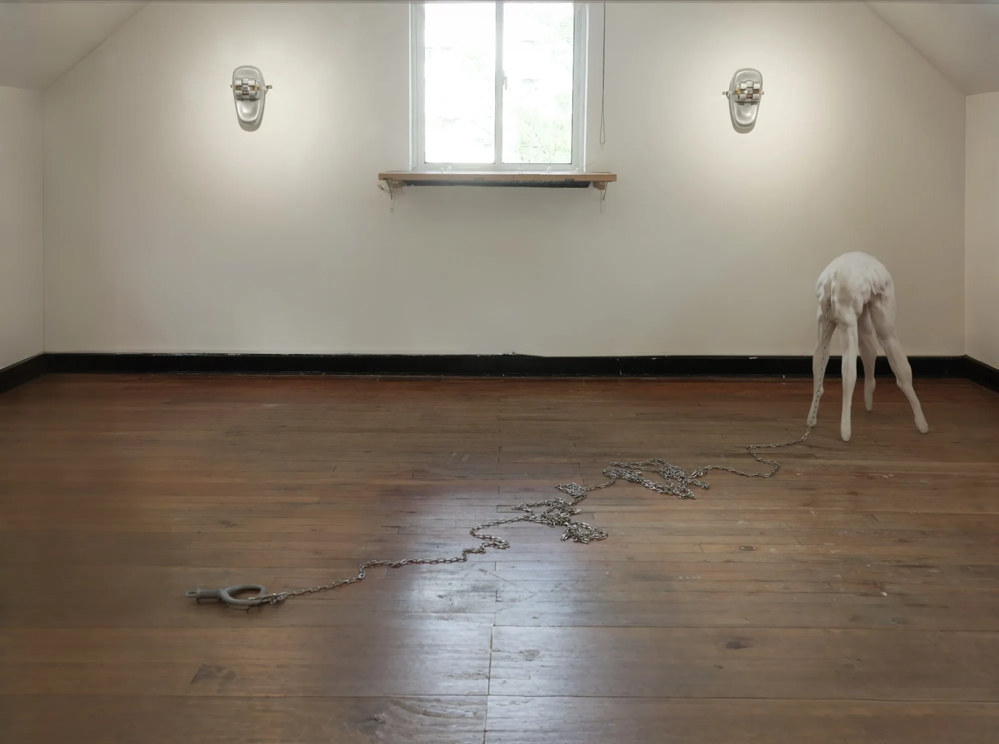 Exhibition review of Eva Chenyao He: Procrustean at COLLECTA, Shanghai, 2026. A headless resin figure drags a chain toward a wall bolt.