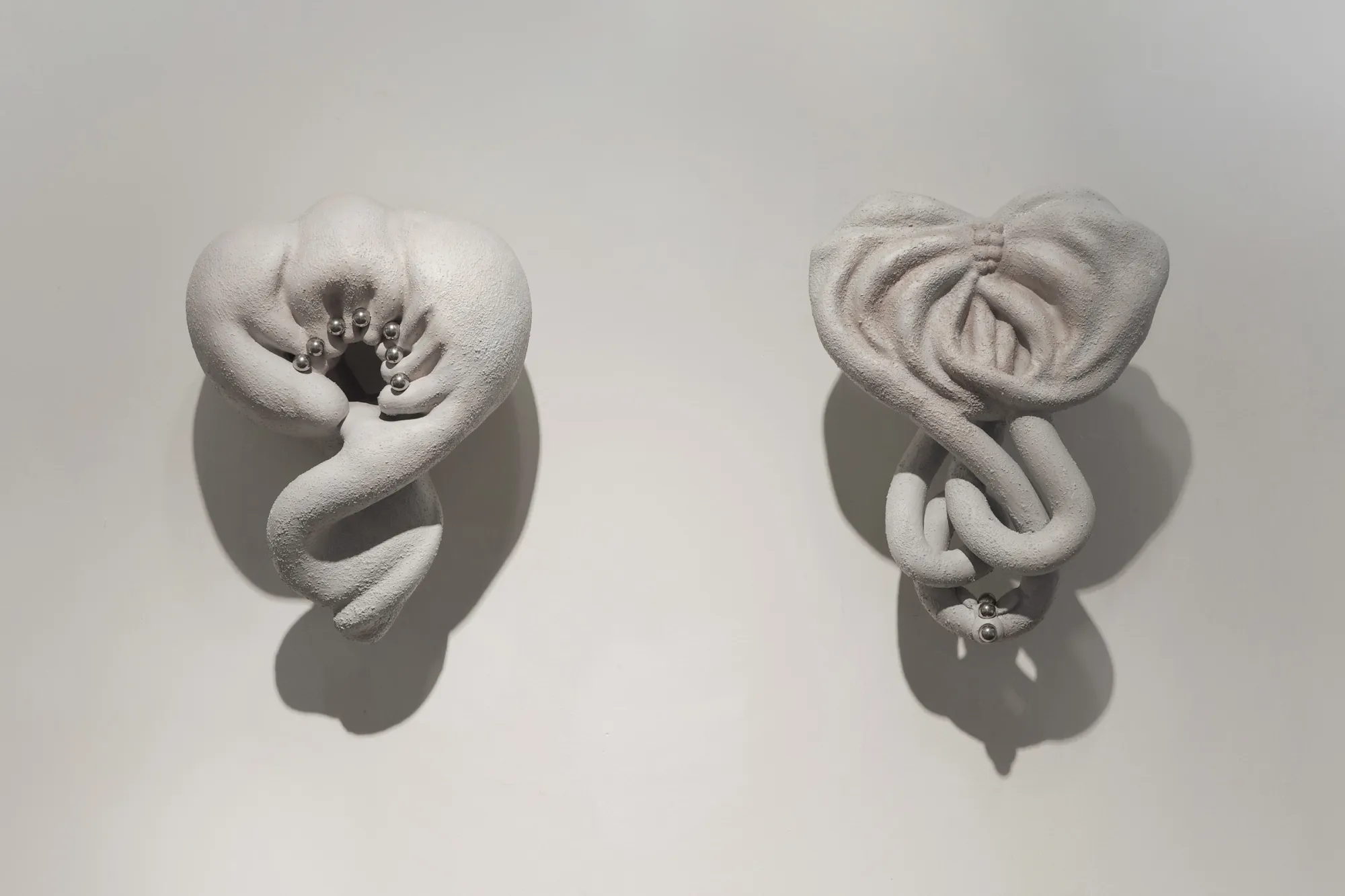 Exhibition review of Eva Chenyao He: Procrustean at COLLECTA, Shanghai, 2026. Two biomorphic resin forms with steel beads in their folds.