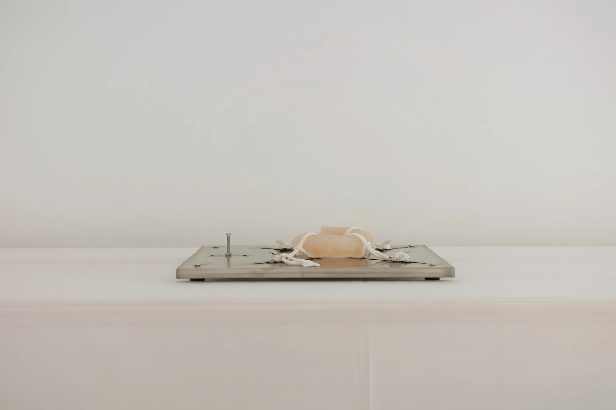 Exhibition review of Eva Chenyao He: Procrustean at COLLECTA, Shanghai, 2026. A knotted pink glass form bound with cord and pins on a board.