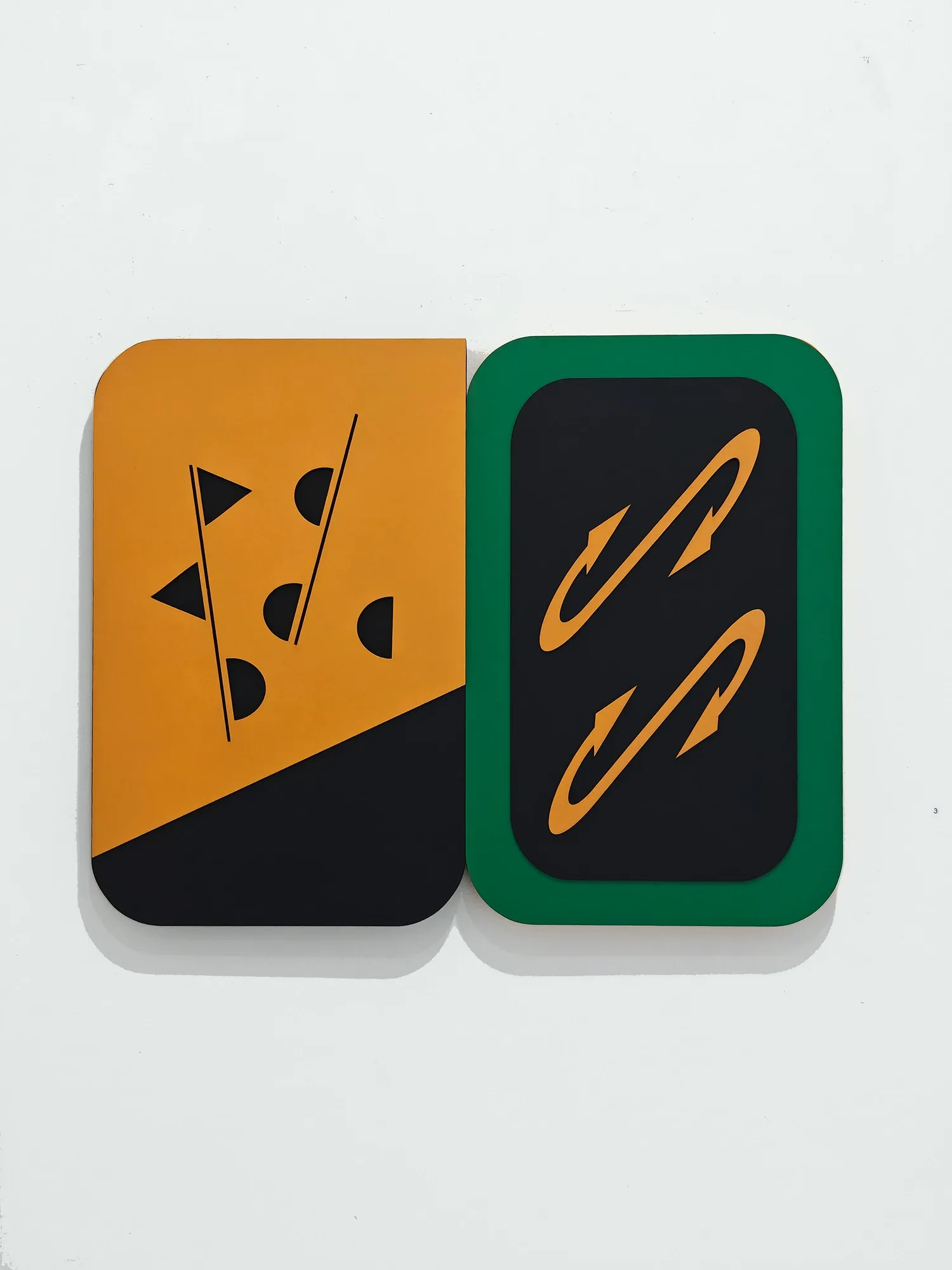 Exhibition review of Kaija Hinkula: You Are Here at Ama Gallery, Helsinki, 2026. An orange panel with triangle cutouts beside a green-bordered panel with looping arrows.