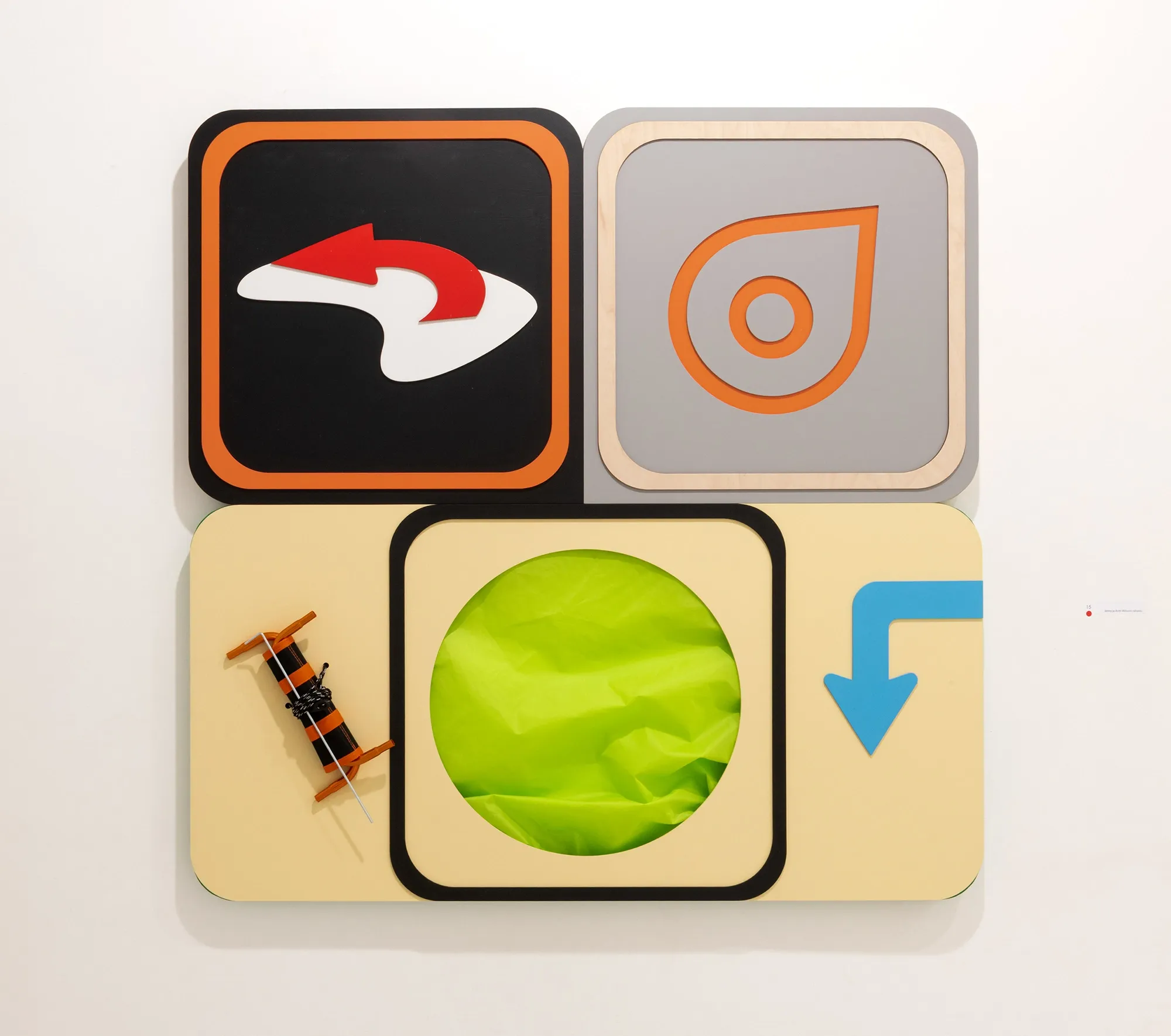 Exhibition review of Kaija Hinkula: You Are Here at Ama Gallery, Helsinki, 2026. An orange panel with a zigzag arrow beside a cream panel with scattered lines.