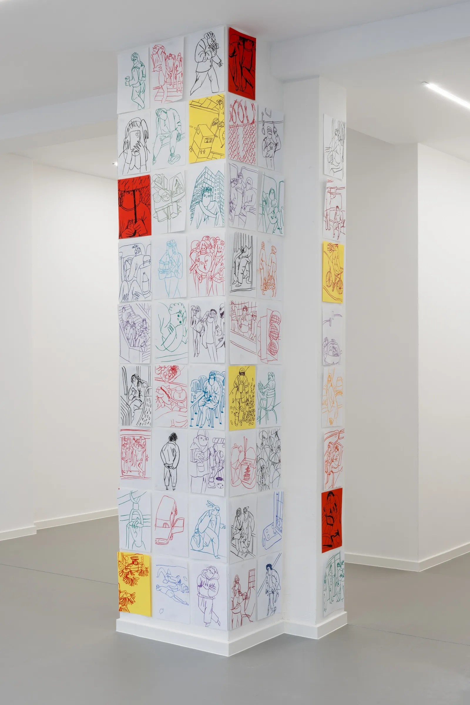 Exhibition review of Nina Bachmann: Schieben, Drücken, Treiben at Galerie Gegen & Lücke, Berlin, 2026. A gallery column covered edge to edge with small ink and pastel sketches of urban scenes.