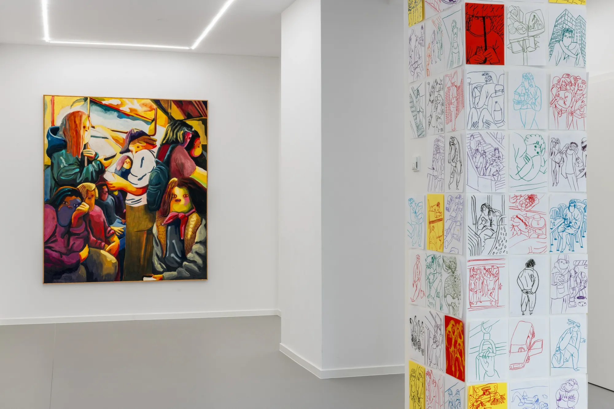 Exhibition review of Nina Bachmann: Schieben, Drücken, Treiben at Galerie Gegen & Lücke, Berlin, 2026. Entrance stairwell with a tall red market-scene painting and a staircase painting visible through a window.
