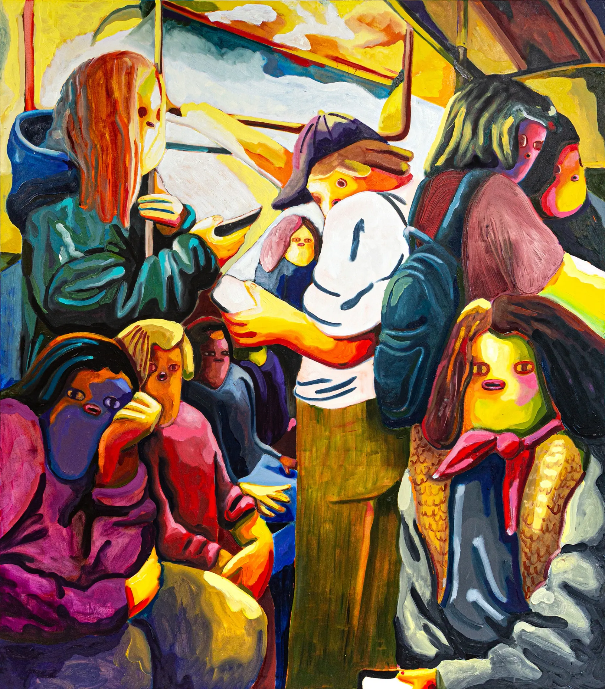 Exhibition review of Nina Bachmann: Schieben, Drücken, Treiben at Galerie Gegen & Lücke, Berlin, 2026. Passengers packed into a yellow-lit bus interior, gripping a handrail and each other's shoulders.